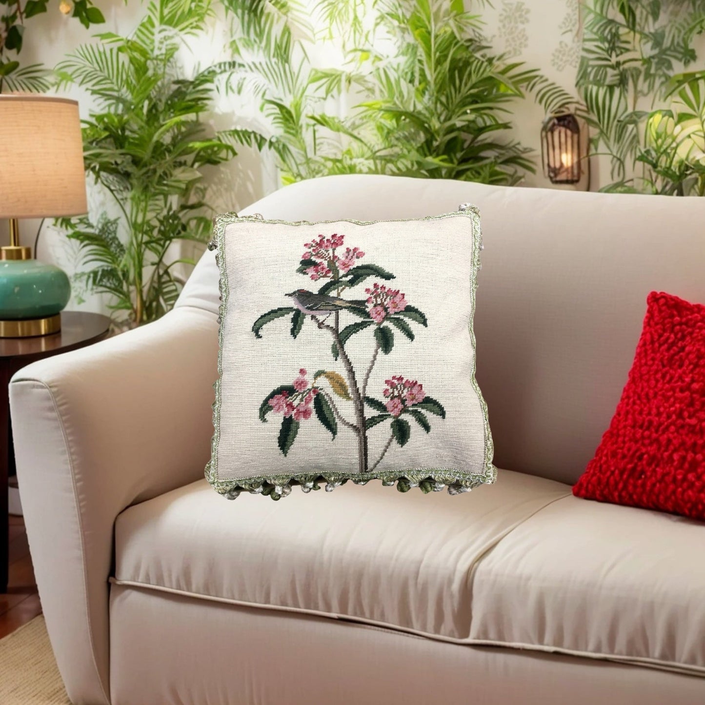 Handmade Wool Needlepoint Pillow Cover - Decorative Throw Cushion Cover - Vintage Floral Embroidery Design gray bird pink flower background with tassels