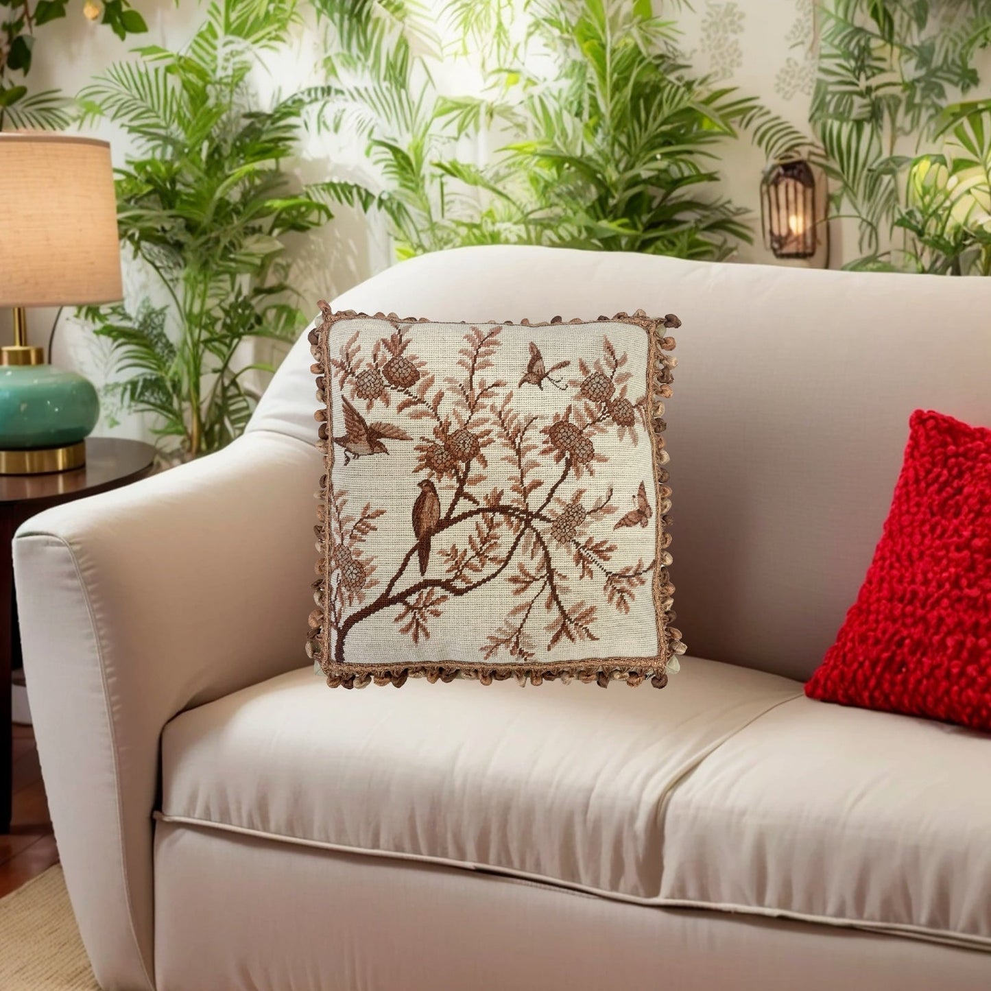 Handmade Wool Needlepoint Pillow Cover - Decorative Throw Cushion Cover - Vintage Floral Embroidery Design antique tree swallows butterfliers with tassels 1