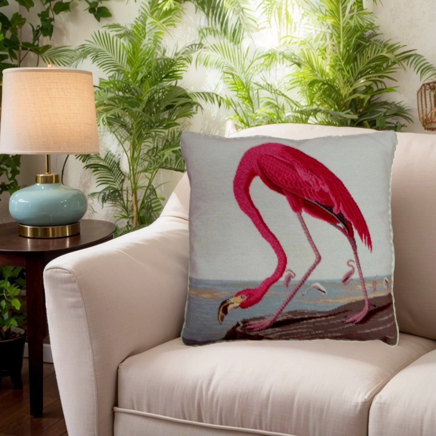 Handmade Wool Needlepoint Pillow Cover - Decorative Throw Cushion Cover - Vintage Floral Embroidery Design ancient Flamingo with cording