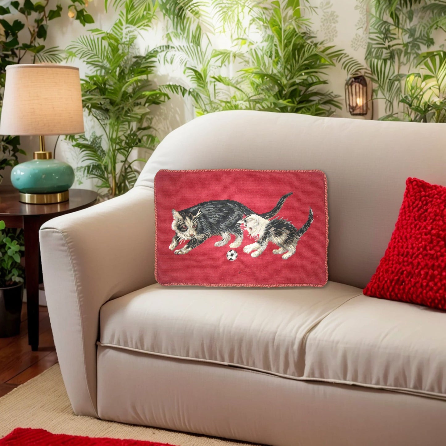 Handmade Wool Needlepoint Pillow Cover - Decorative Throw Cushion Cover - Vintage Floral Embroidery Design on cat faces rest of in red background with cording