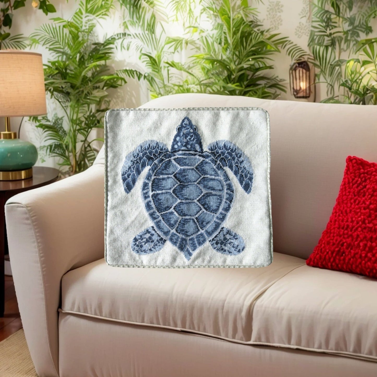Handmade Wool Needlepoint Pillow Cover - Decorative Throw Cushion Cover - Vintage Floral Embroidery Design dark blue sea turtle cording