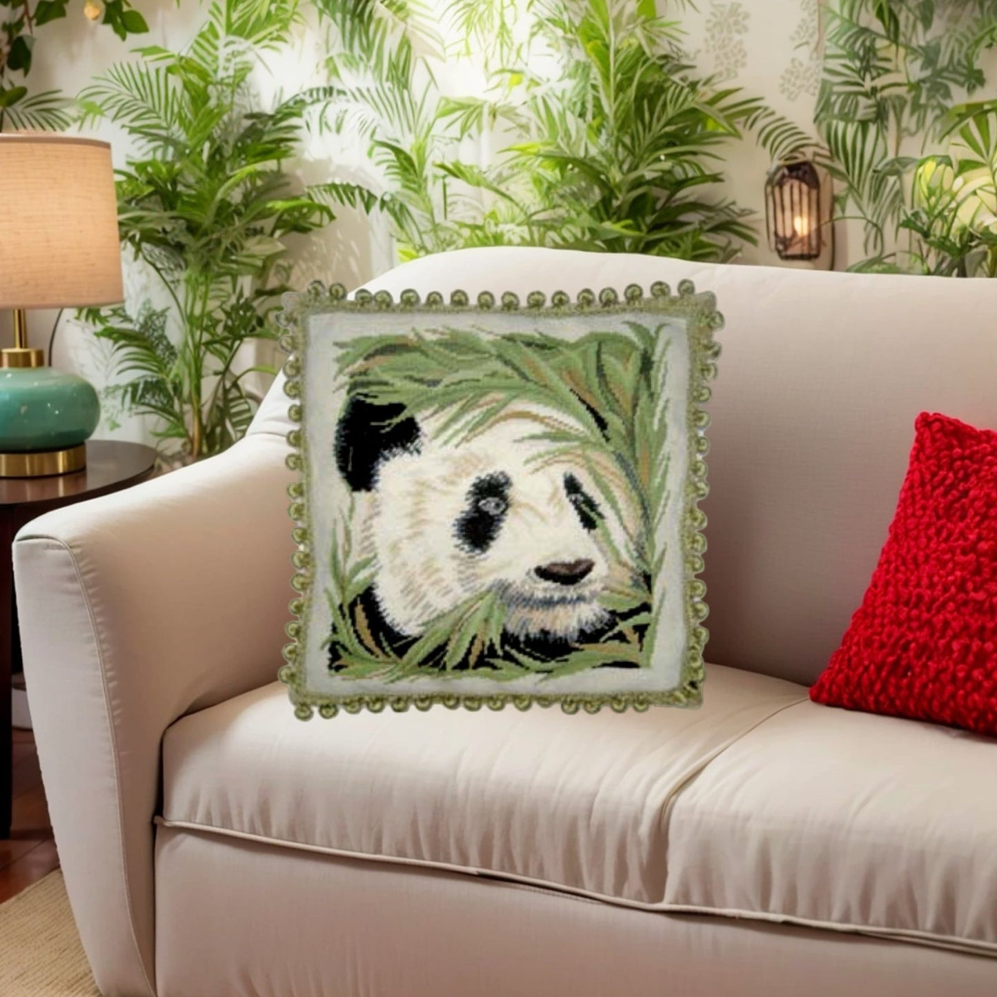 Handmade Wool Needlepoint Pillow Cover - Decorative Throw Cushion Cover - Vintage Floral Embroidery Design panda with banboom 2 color tassels