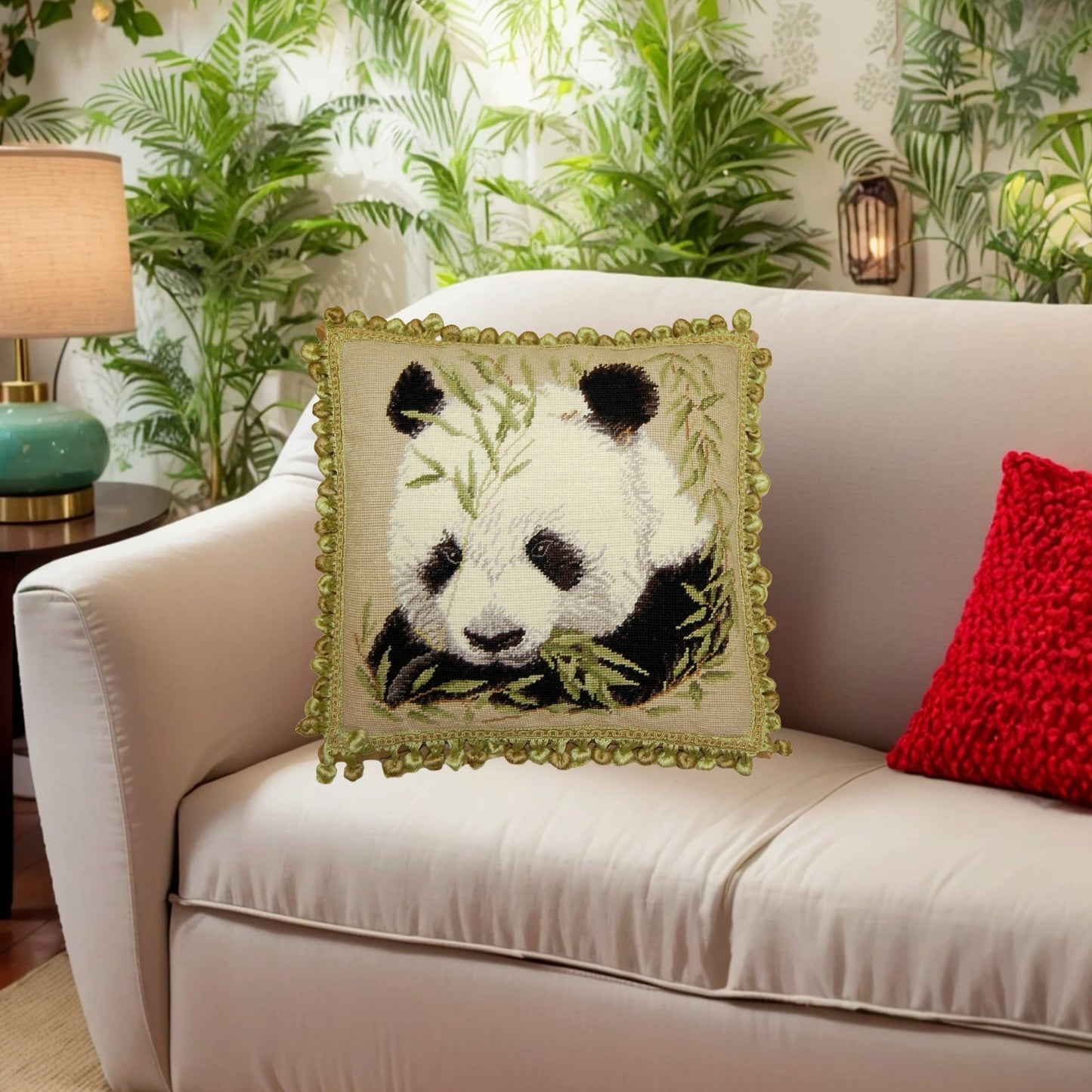 Handmade Wool Needlepoint Pillow Cover - Decorative Throw Cushion Cover - Vintage Floral Embroidery Design panda with tassels