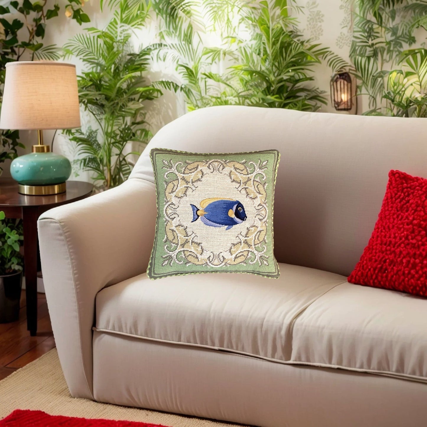Handmade Wool Needlepoint Pillow Cover - Decorative Throw Cushion Cover - Vintage Floral Embroidery DesignFienst tropical fish - Surgeonfish with green frame checker cording