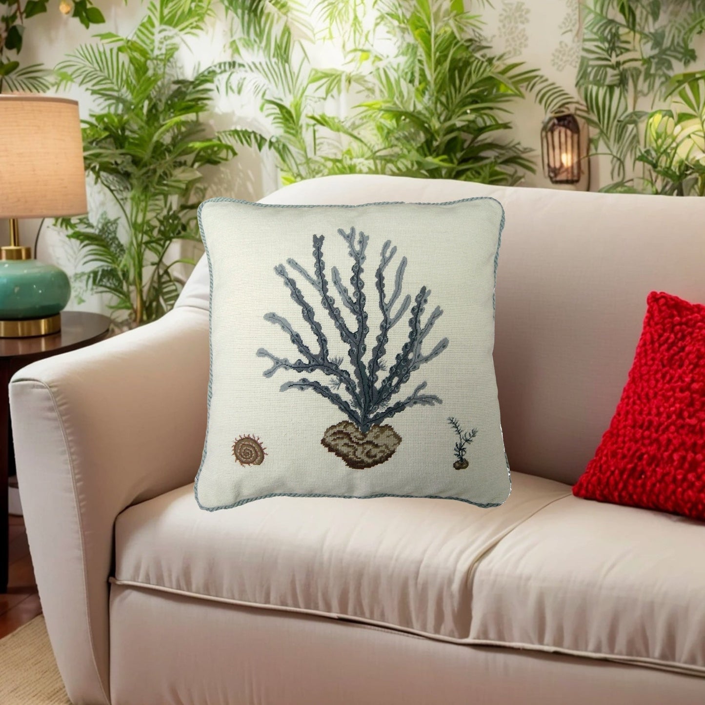 Handmade Wool Needlepoint Pillow Cover - Decorative Throw Cushion Cover - Vintage Floral Embroidery Design blue water weed in blue with blue cording