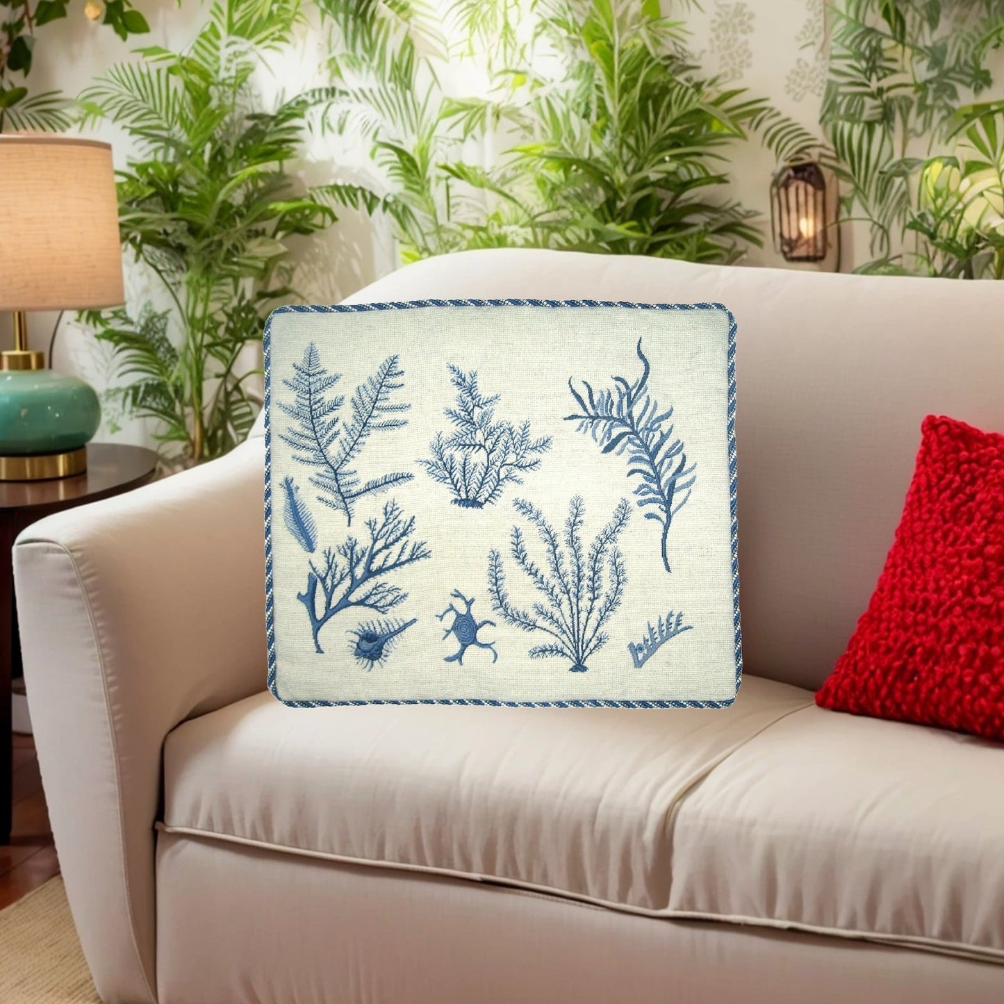 Handmade Wool Needlepoint Pillow Cover - Decorative Throw Cushion Cover - Vintage Floral Embroidery Design blue group seaweeds with cording