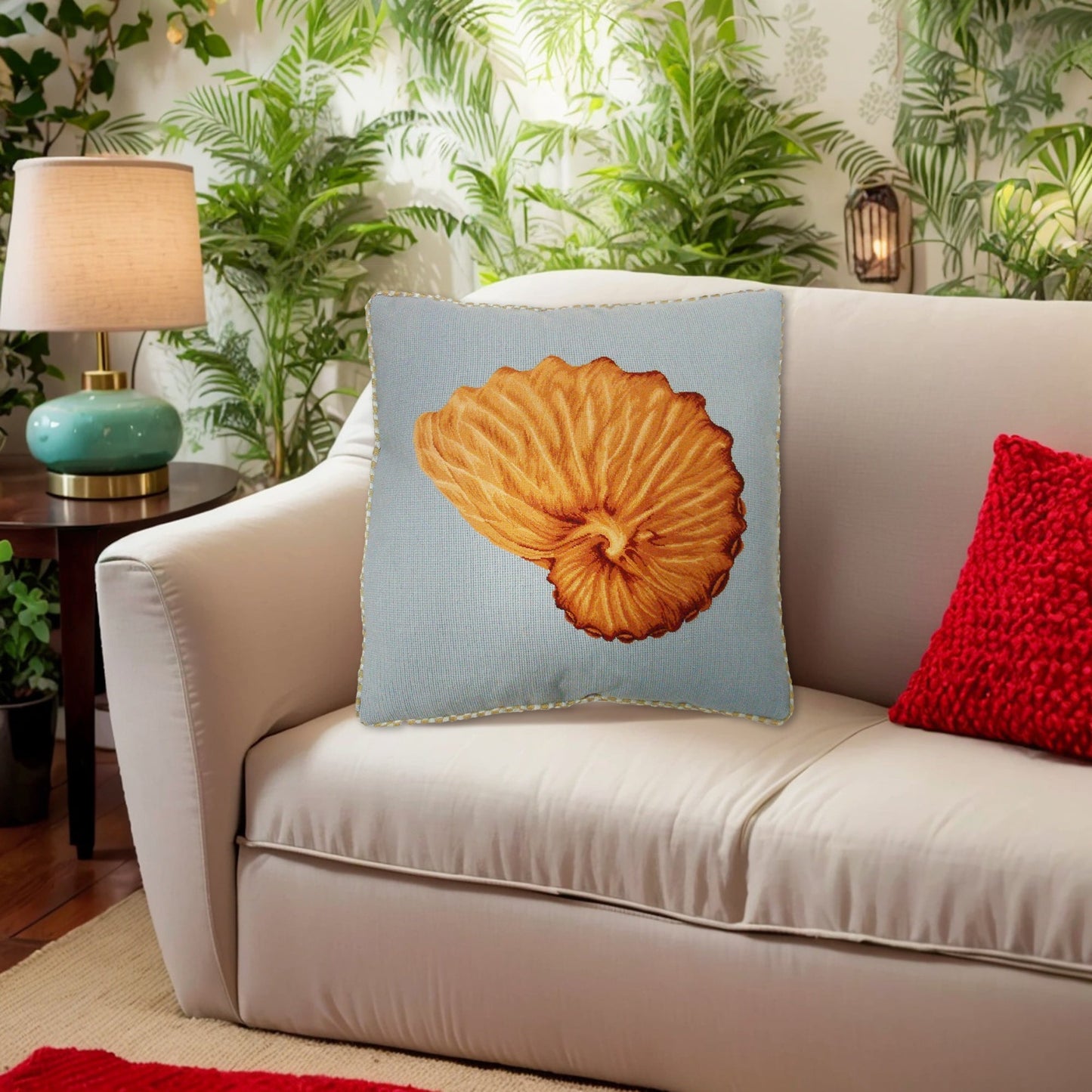 Handmade Wool Needlepoint Pillow Cover - Decorative Throw Cushion Cover - Vintage Floral Embroidery Design Nautilus shell light blue background with cording