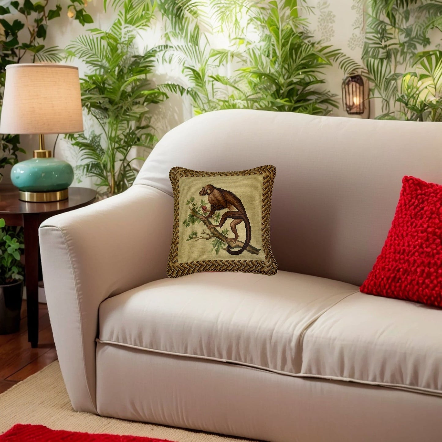 Handmade Wool Needlepoint Pillow Cover - Decorative Throw Cushion Cover - Vintage Floral Embroidery Design monkey holding the peach