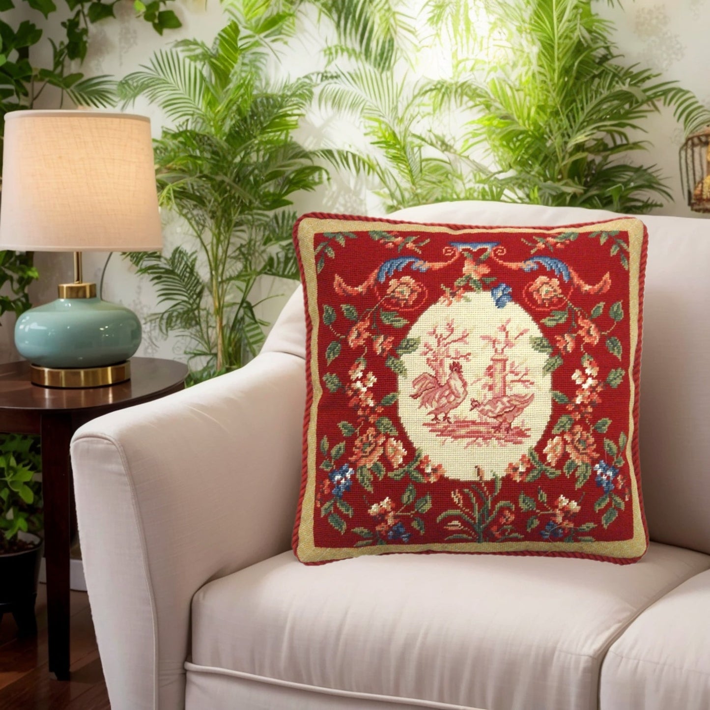 Handmade Wool Needlepoint Pillow Cover - Decorative Throw Cushion Cover - Vintage Floral Embroidery Design chickens floral with red cording