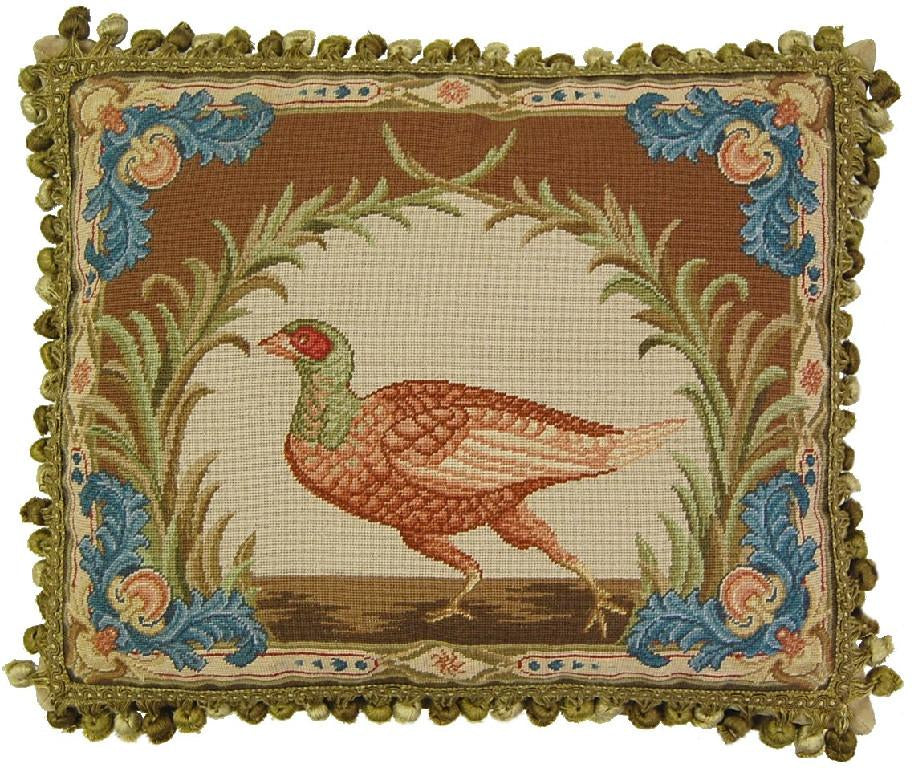 Needlepoint Hand-Embroidered Wool Throw Pillow Exquisite Home Designs Old World gallinaceous game bird -partridge looking forward with tassels