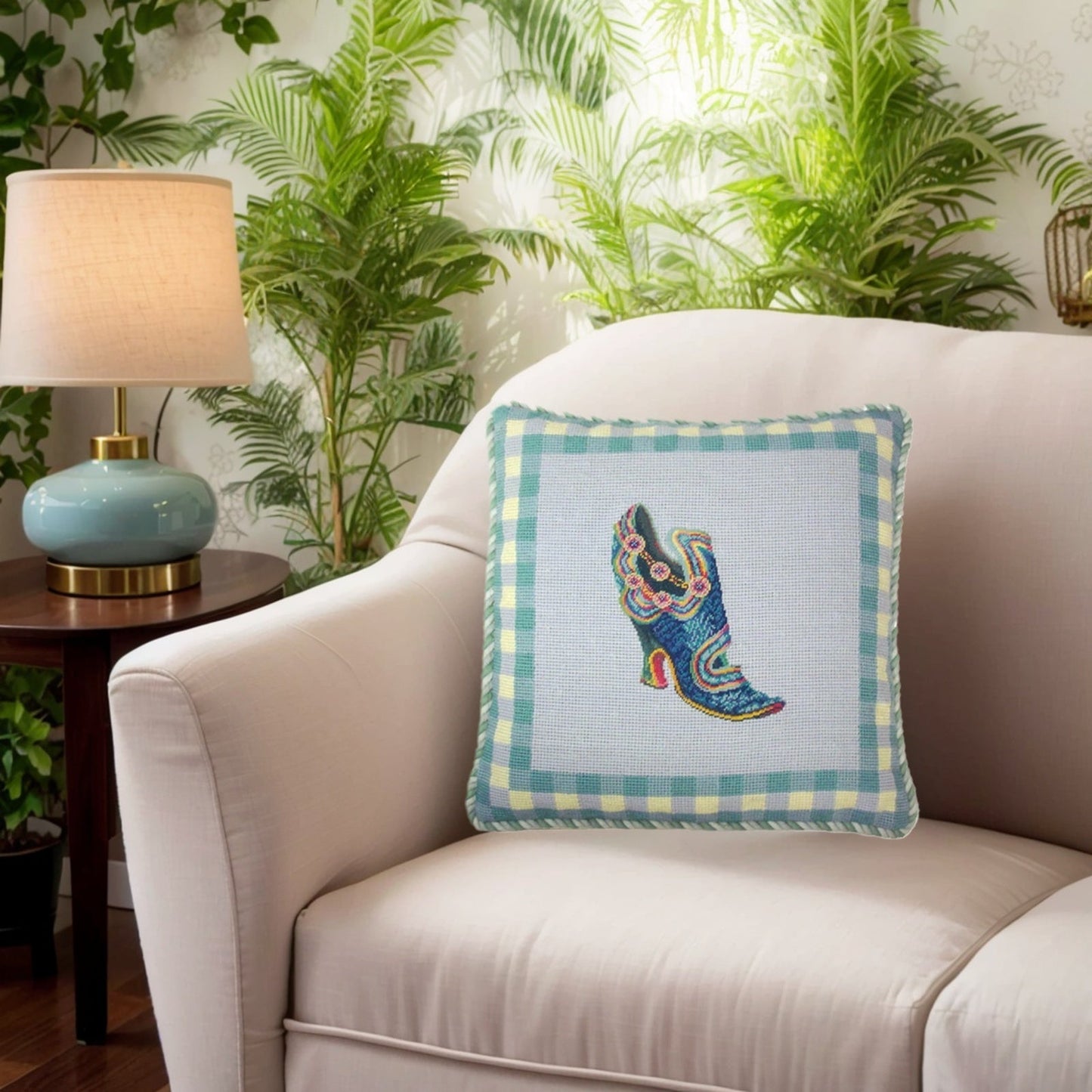 Handmade Wool Needlepoint Pillow Cover - Decorative Throw Cushion Cover - Vintage Floral Embroidery Design leather shoe with blue background 2 color cording