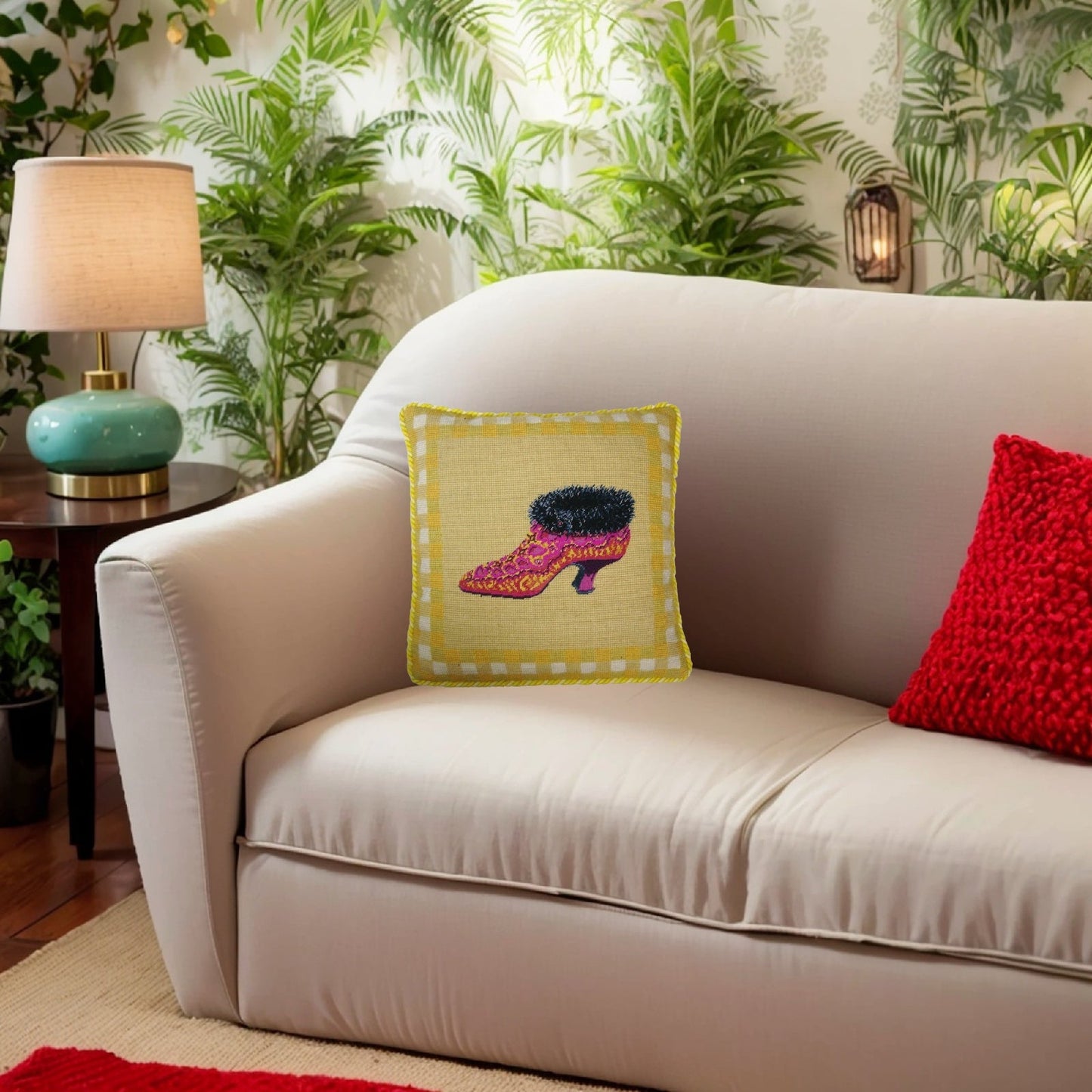 Handmade Wool Needlepoint Pillow Cover - Decorative Throw Cushion Cover - Vintage Floral Embroidery Design fur shoe yellow background with 2 color cording