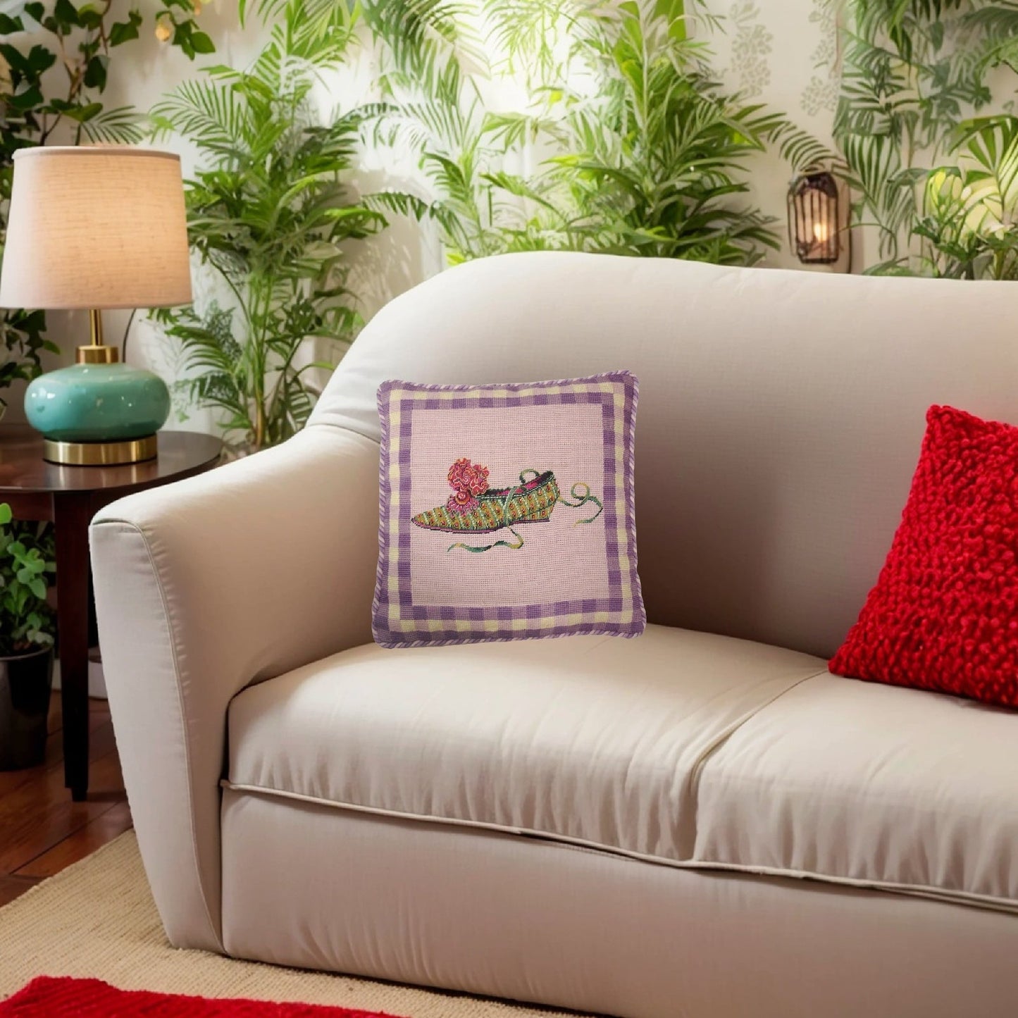 Handmade Wool Needlepoint Pillow Cover - Decorative Throw Cushion Cover - Vintage Floral Embroidery Design flat show lavender background with 2 color cording