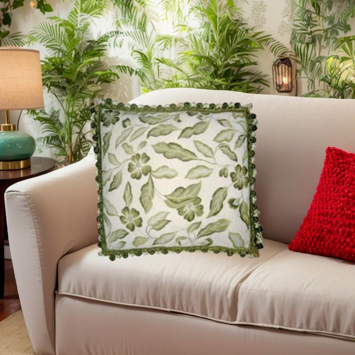 Handmade Wool Needlepoint Pillow Cover - Decorative Throw Cushion Cover - Vintage Floral Embroidery Design green leaves with tassel