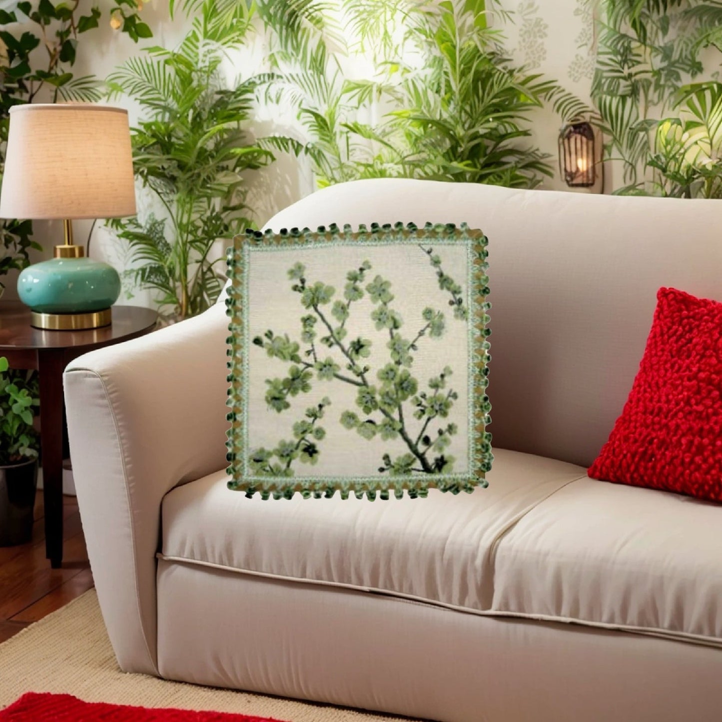 Handmade Wool Needlepoint Pillow Cover - Decorative Throw Cushion Cover - Vintage Floral Embroidery Design green blooming plums with tassels