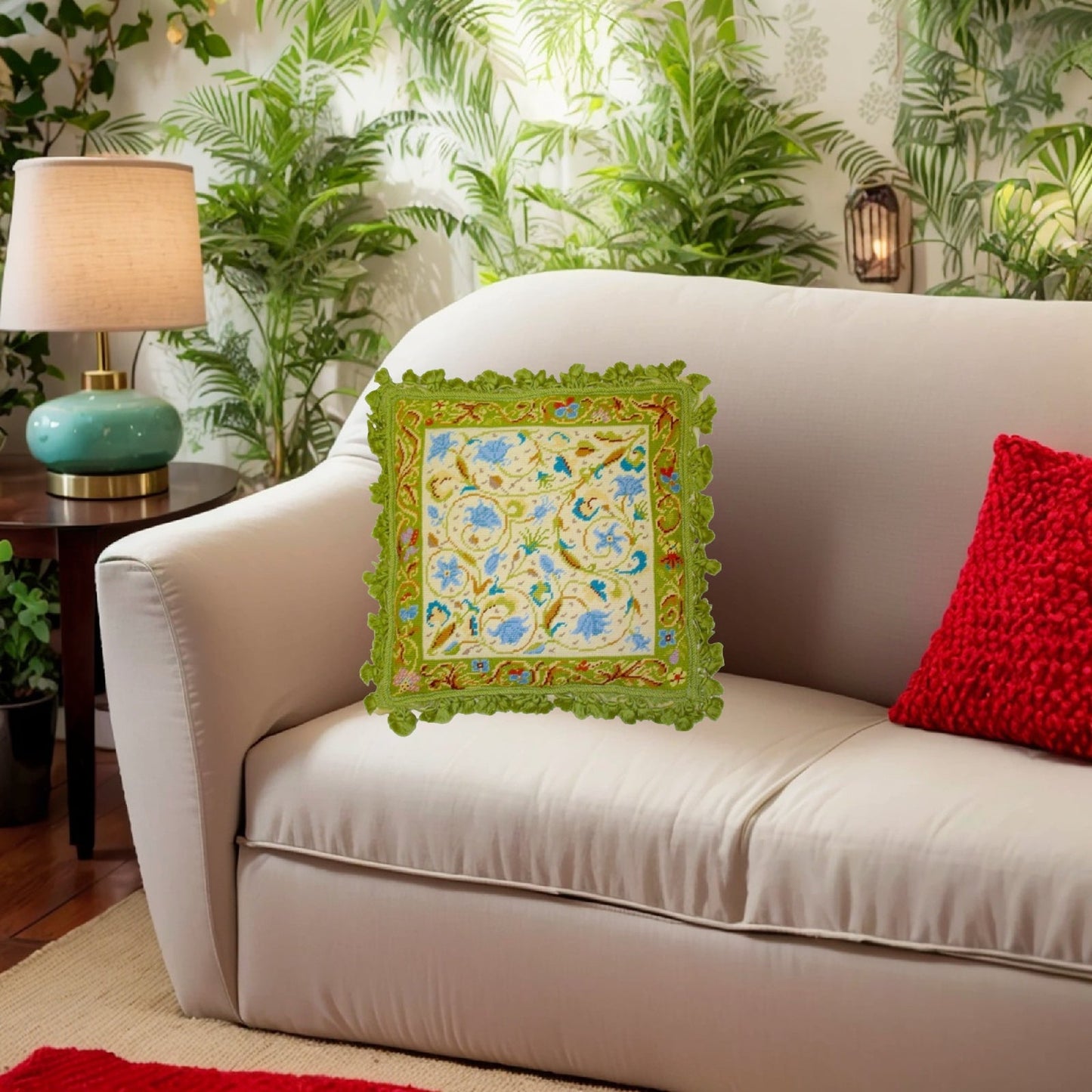 Handmade Wool Needlepoint Pillow Cover - Decorative Throw Cushion Cover - Vintage Floral Embroidery Design blue, green roses & Irish lime green frame & tassels