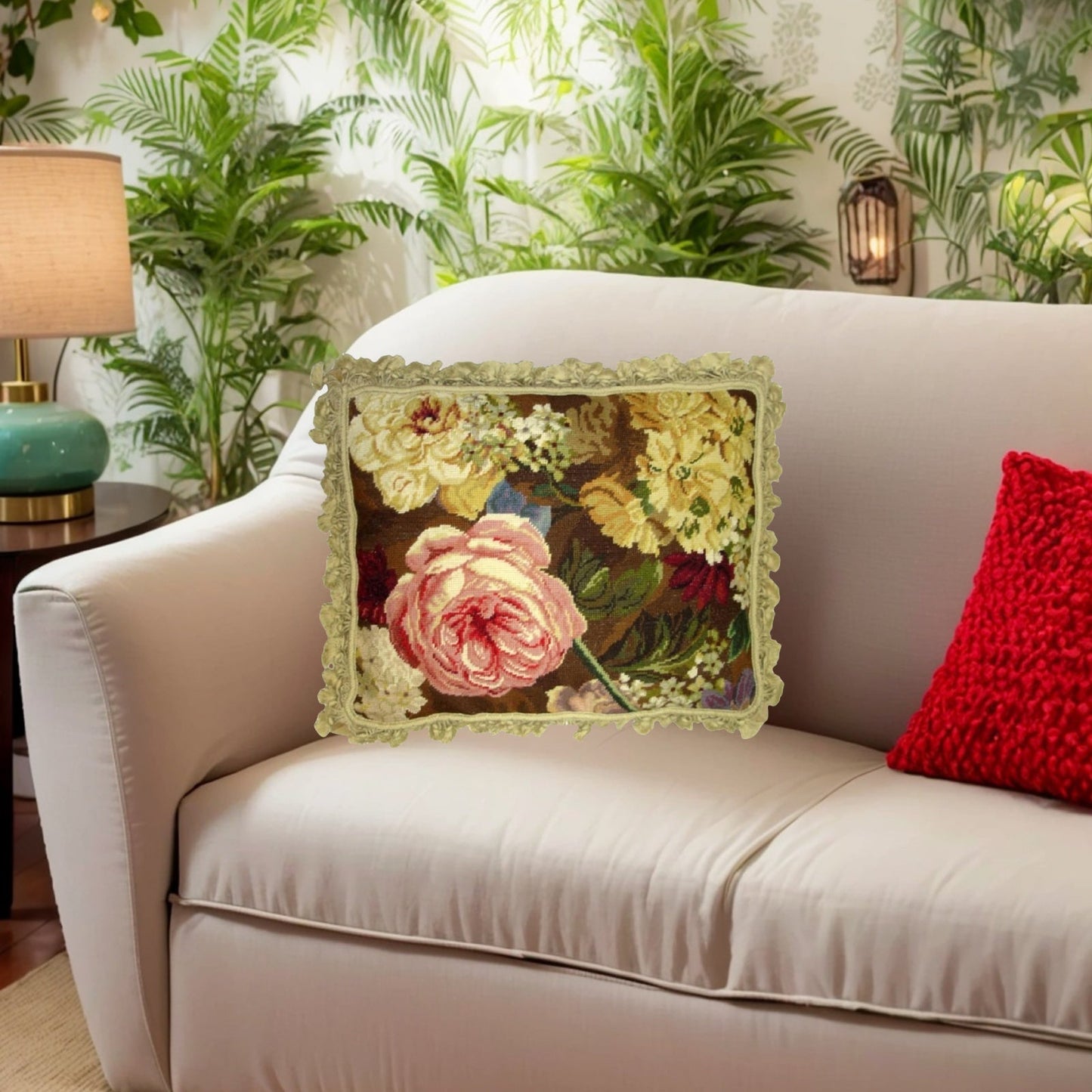 Handmade Wool Needlepoint Pillow Cover - Decorative Throw Cushion Cover - Vintage Floral Embroidery Design pink roses & flower with tassels