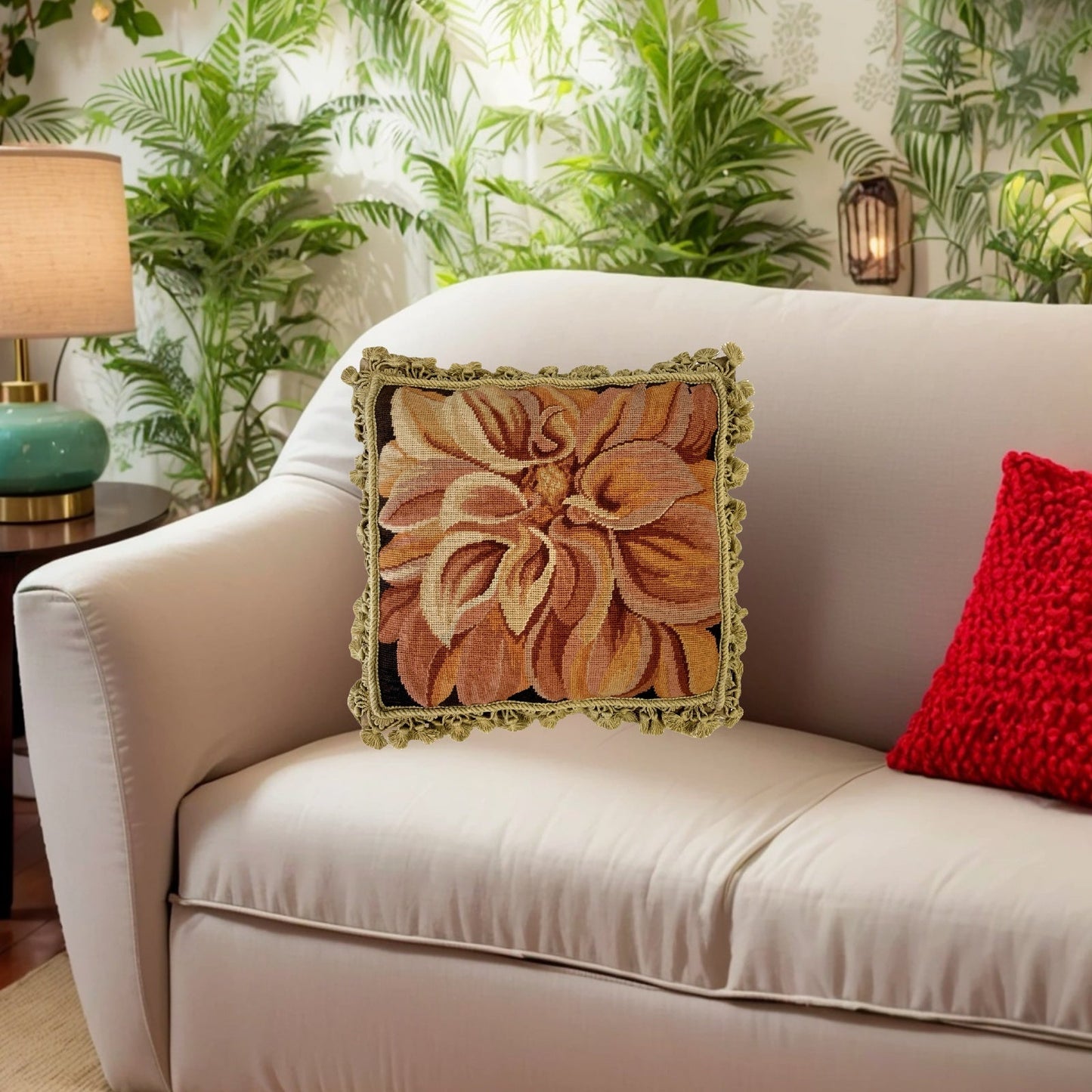 Handmade Wool Needlepoint Pillow Cover - Decorative Throw Cushion Cover - Vintage Floral Embroidery Design on orange chrysanthemum with tassels