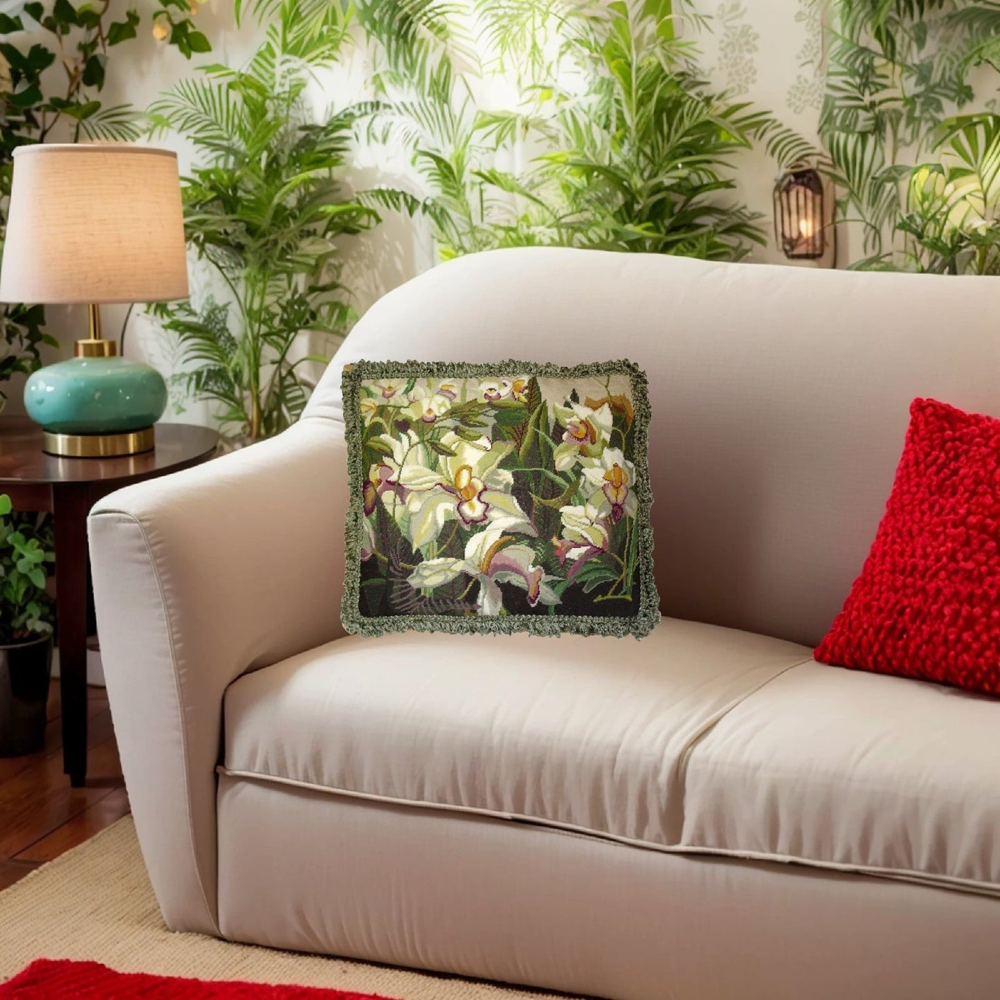 Handmade Wool Needlepoint Pillow Cover - Decorative Throw Cushion Cover - Vintage Floral Embroidery Design Iris in shade of ivory, pink purple, yellow green, with green tassels