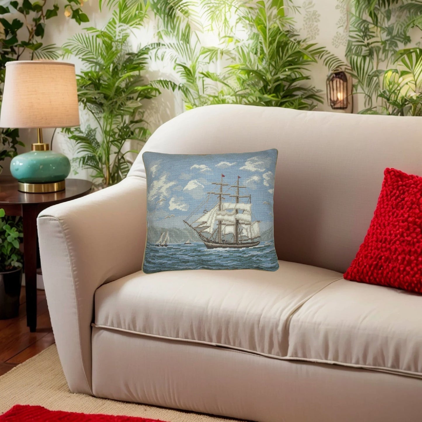 Handmade Wool Needlepoint Pillow Cover - Decorative Throw Cushion Cover - Vintage Floral Embroidery Design sail boat
