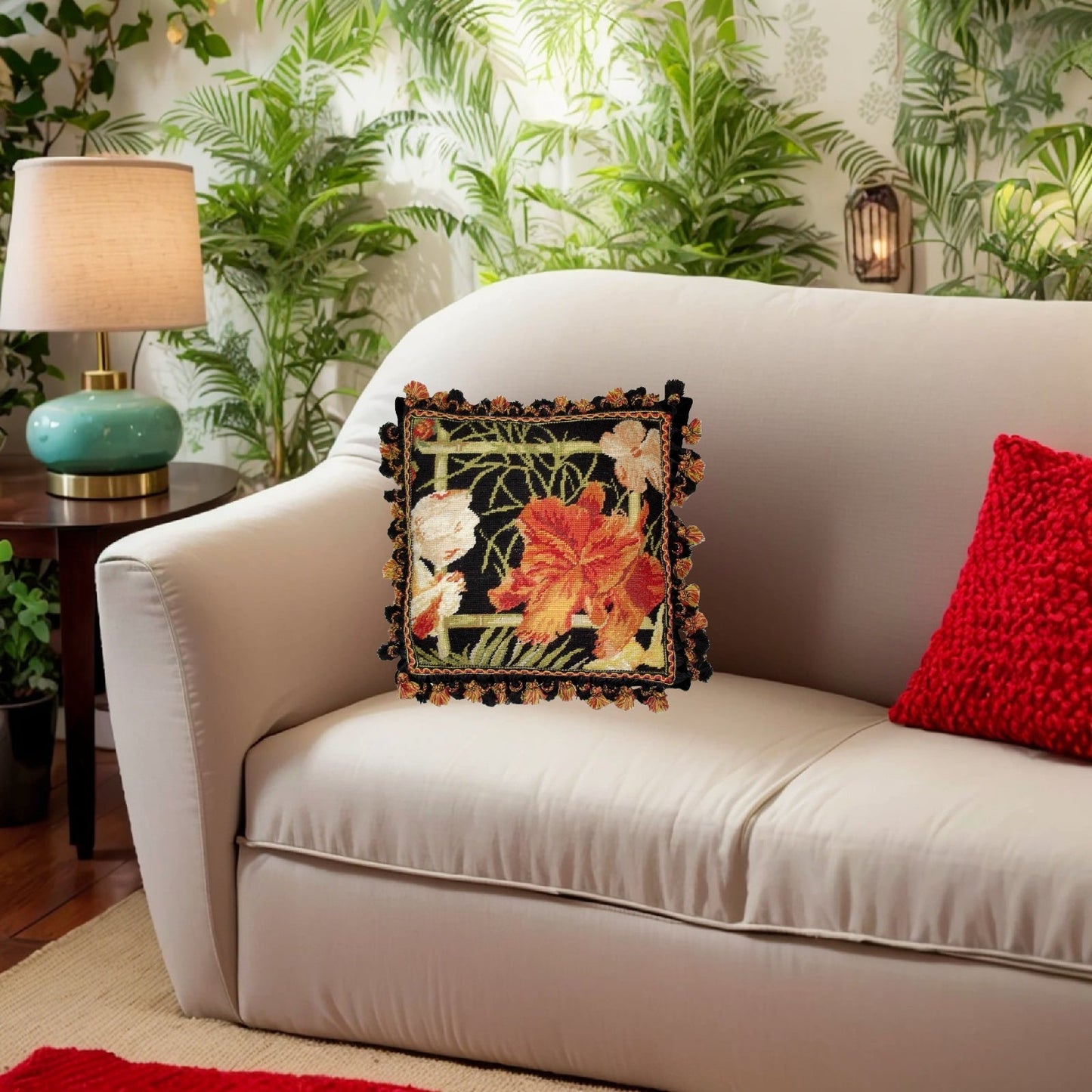 Handmade Wool Needlepoint Pillow Cover - Decorative Throw Cushion Cover - Vintage Floral Embroidery Design blackback banboo frame red lily 3 color tassels