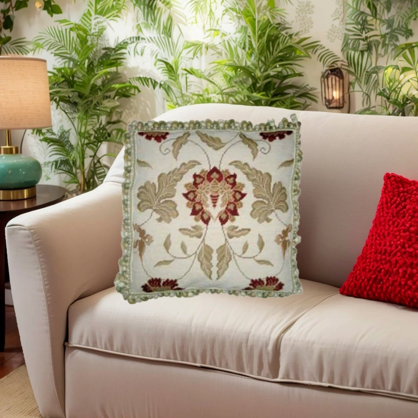 Handmade Wool Needlepoint Pillow Cover - Decorative Throw Cushion Cover - Vintage Floral Embroidery Design leaf red flowers with 3 color tassels