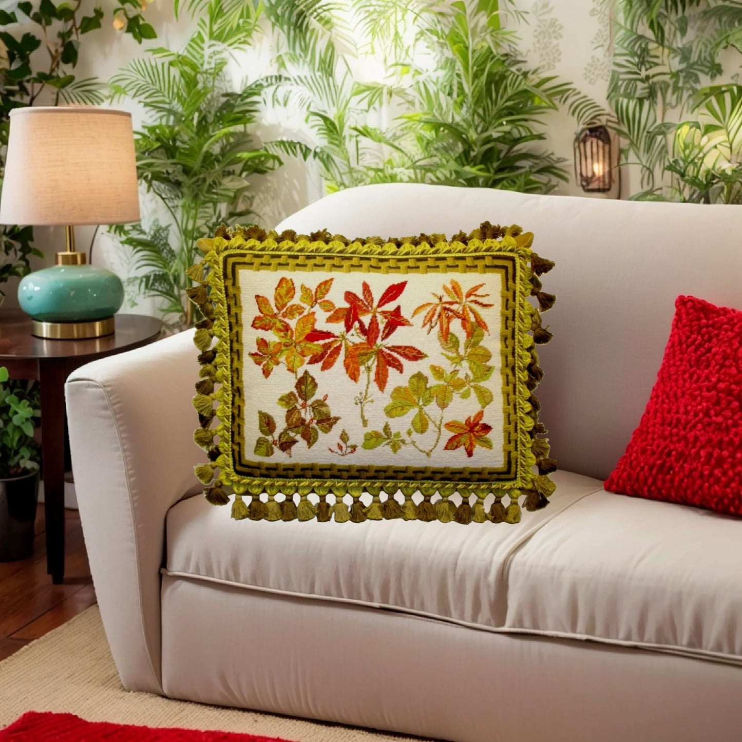 Handmade Wool Needlepoint Pillow Cover - Decorative Throw Cushion Cover - Vintage Floral Embroidery Design leaves with brown bamboo frame 3 color tassels