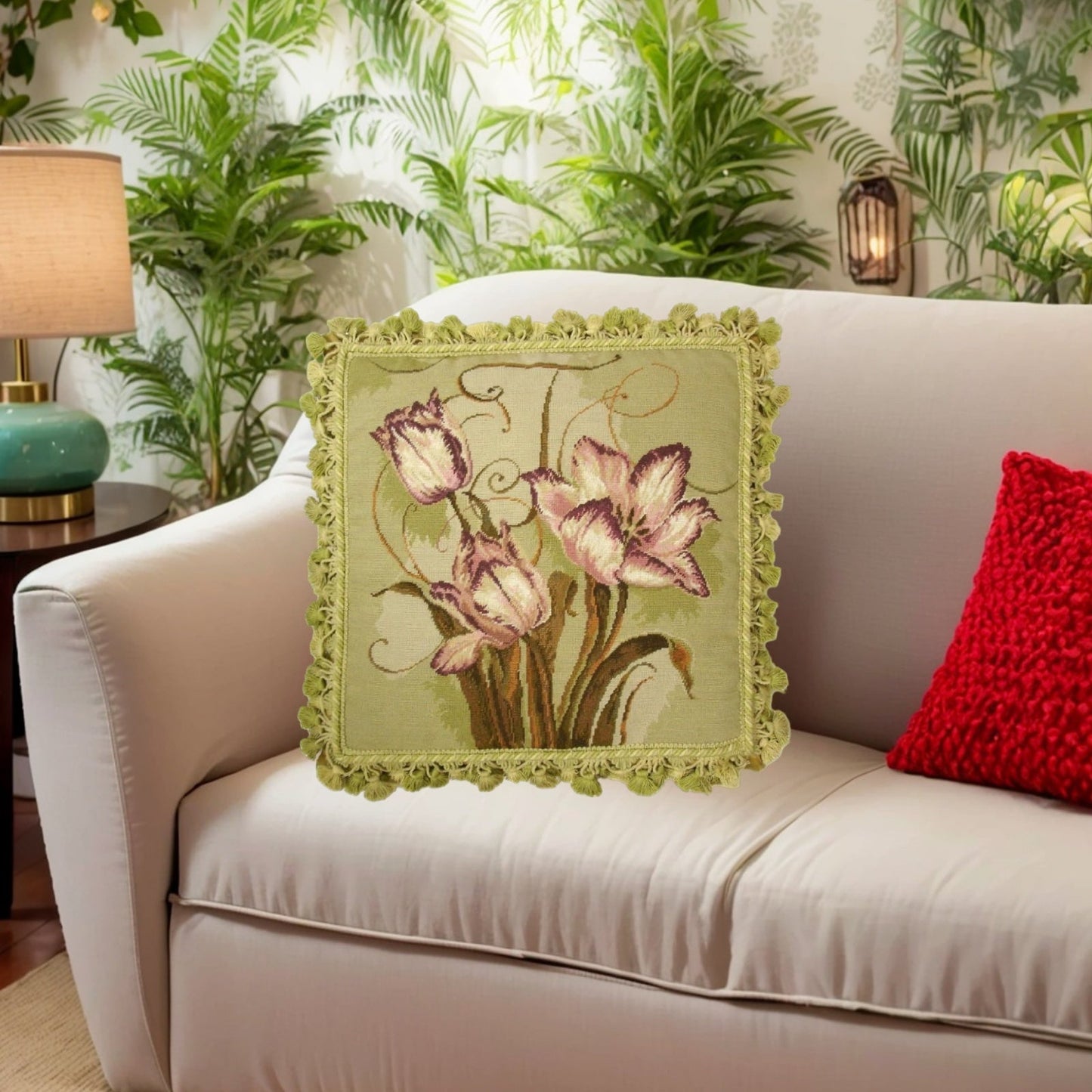 Handmade Wool Needlepoint Pillow Cover - Decorative Throw Cushion Cover - Vintage Floral Embroidery Design Kathryn White designtulip trumeau with tassel