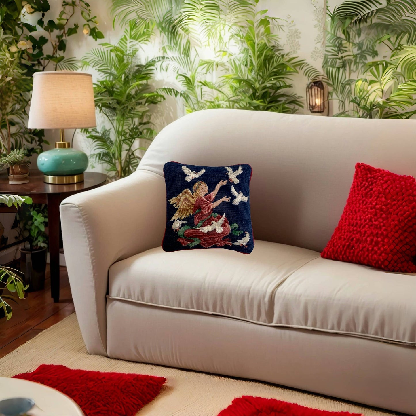 Handmade Wool Needlepoint Pillow Cover - Decorative Throw Cushion Cover - Vintage Floral Embroidery Design Finest Petipoint Angle