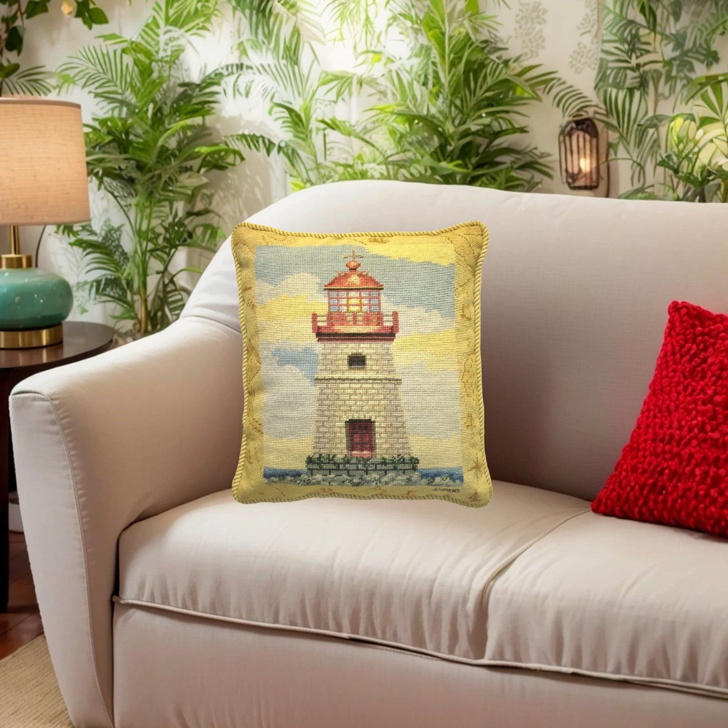 Handmade Wool Needlepoint Pillow Cover - Decorative Throw Cushion Cover - Vintage Floral Embroidery Design James Winess designMapped lighthouse II, & with cording