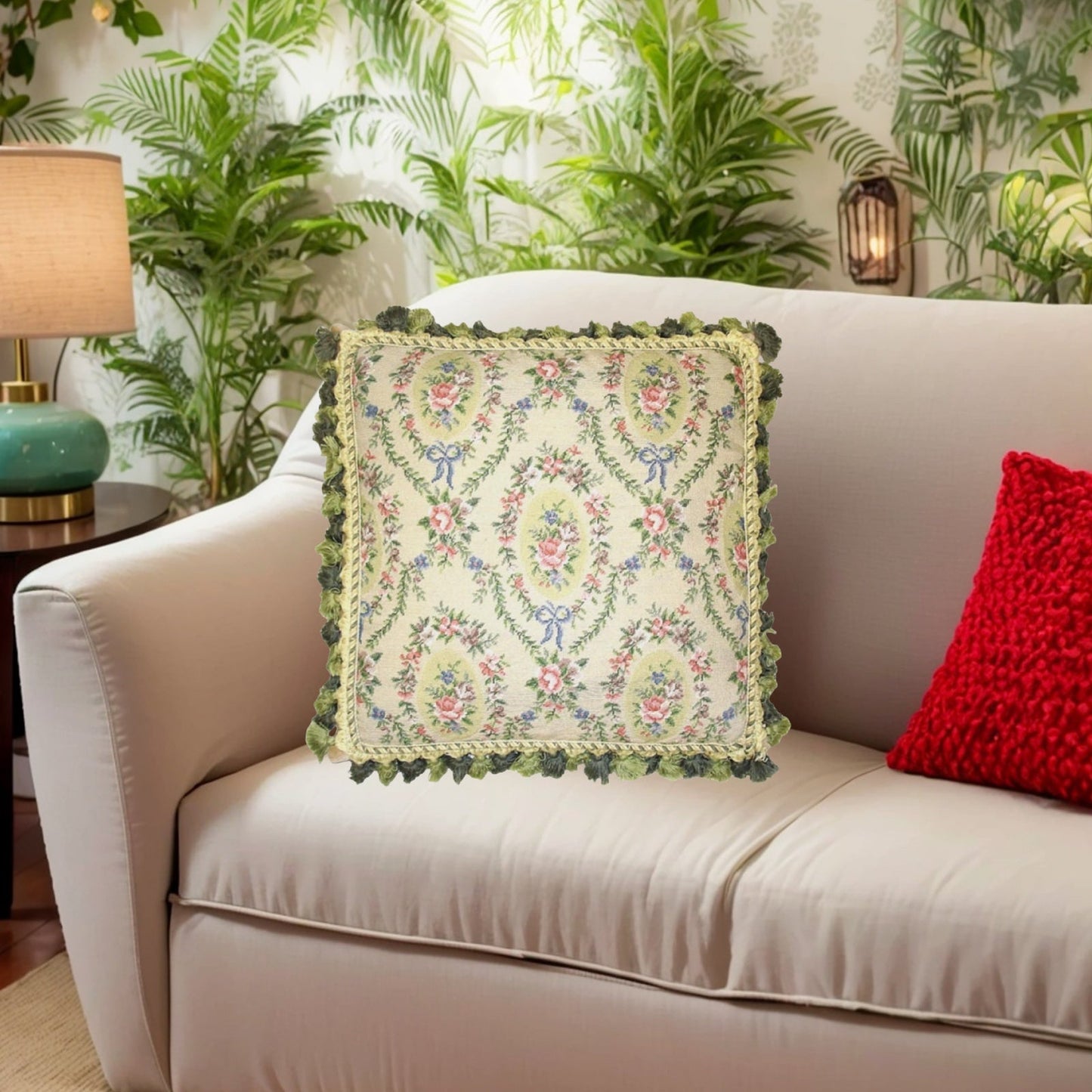 Handmade Wool Needlepoint Pillow Cover - Decorative Throw Cushion Cover - Vintage Floral Embroidery Design oval shape roses in the leave frame with 2 tone green tassel