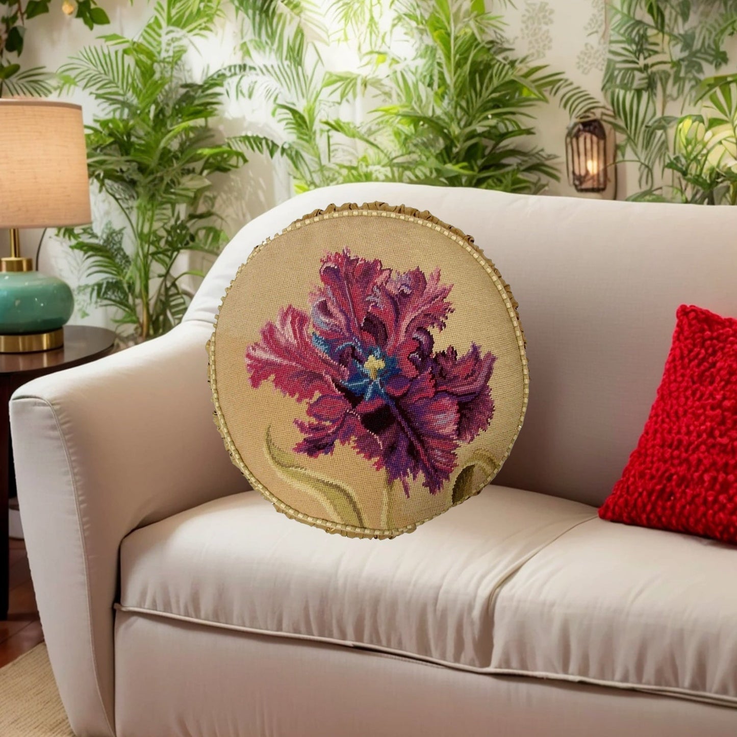 Handmade Wool Needlepoint Pillow Cover - Decorative Throw Cushion Cover - Vintage Floral Embroidery Design Alexandra Churchill designPurple Orchard