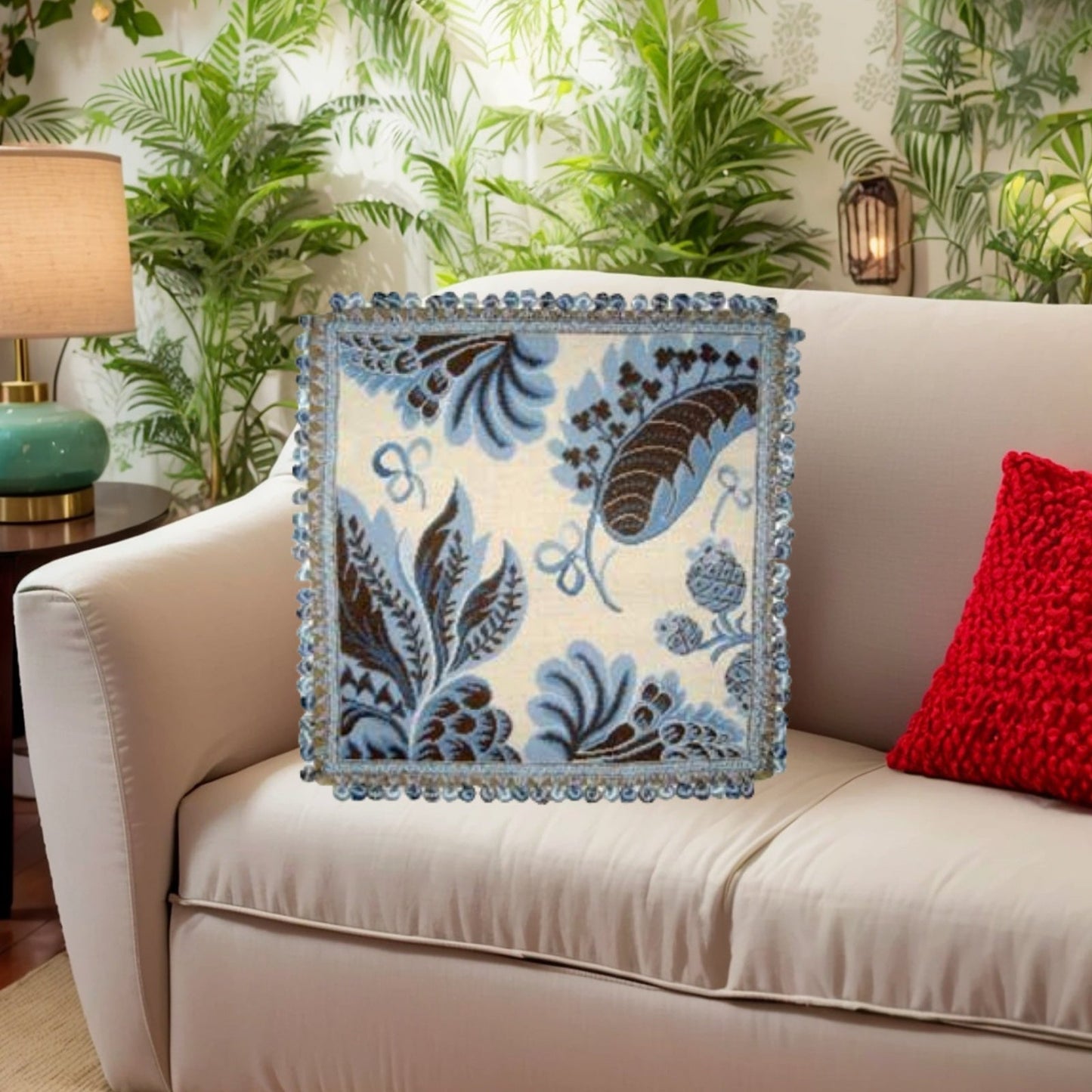 Handmade Wool Needlepoint Pillow Cover - Decorative Throw Cushion Cover - Vintage Floral Embroidery Design blue tropical leaves ivory background with tassels II