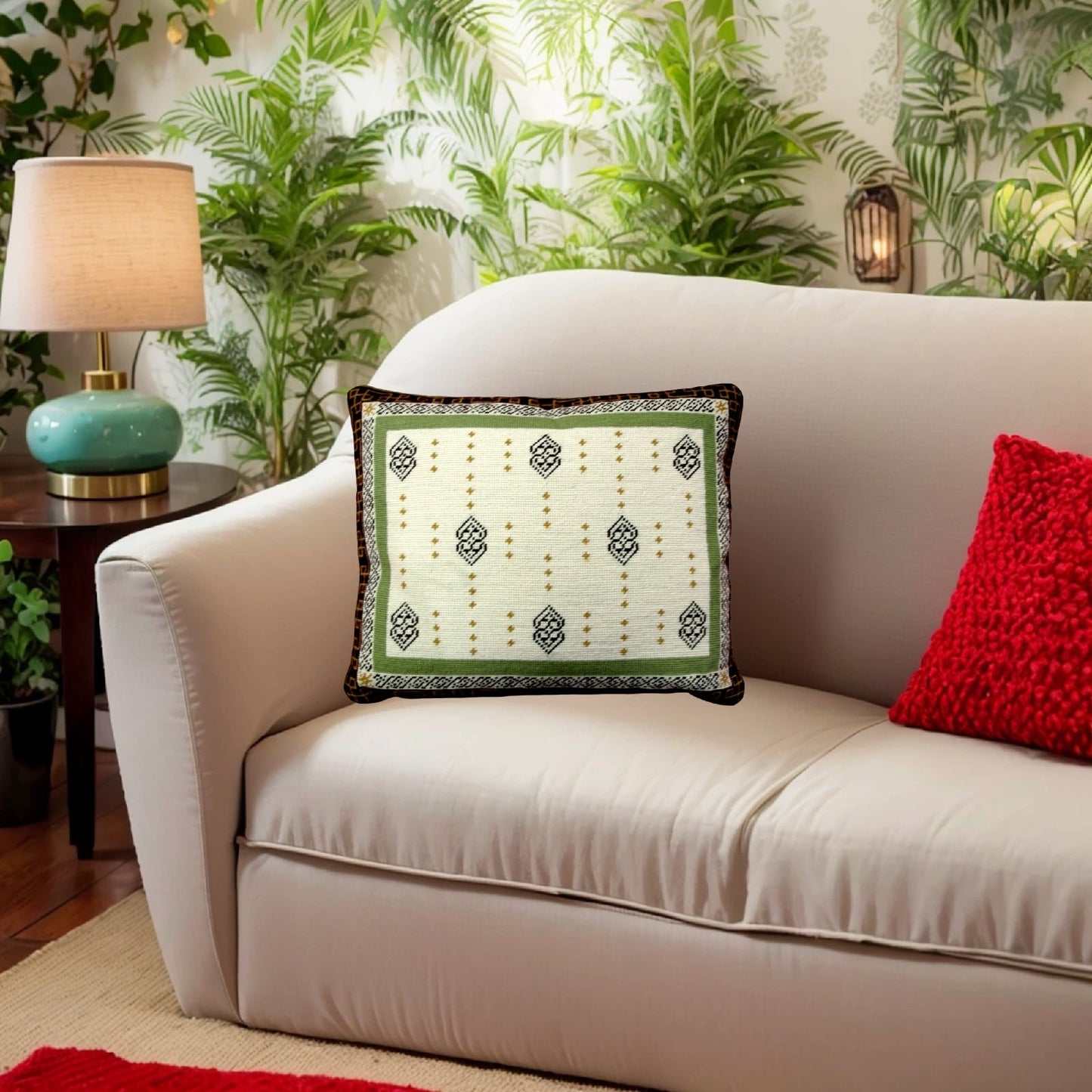 Handmade Wool Needlepoint Pillow Cover - Decorative Throw Cushion Cover - Vintage Floral Embroidery Design tapestry heartscroll rct design green/brown