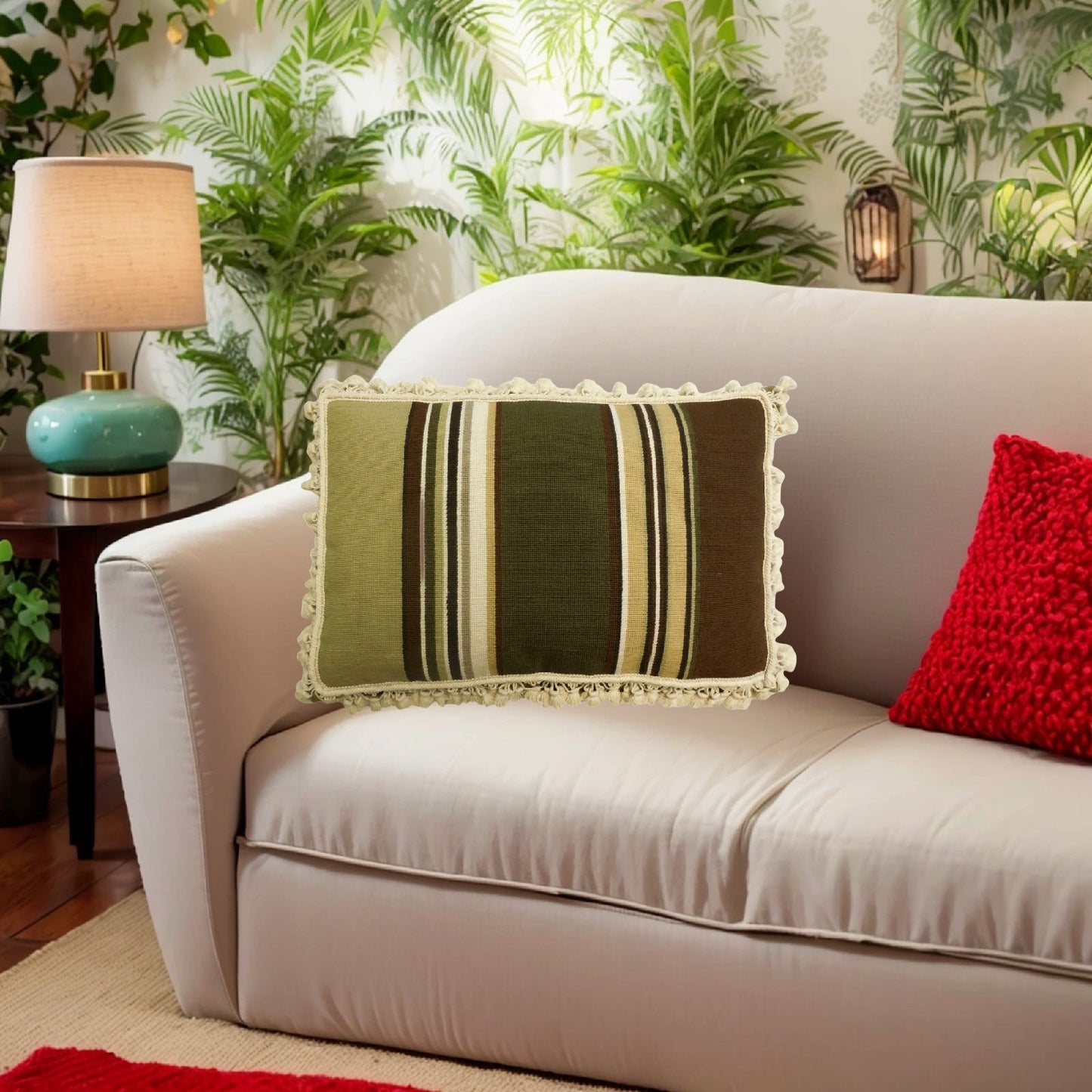 Handmade Wool Needlepoint Pillow Cover - Decorative Throw Cushion Cover - Vintage Floral Embroidery Design strips in green, brown, ivory with tassels