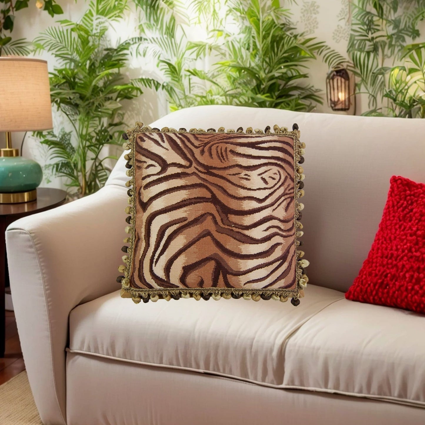 Handmade Wool Needlepoint Pillow Cover - Decorative Throw Cushion Cover - Vintage Floral Embroidery Design tigger animal print with bush tassel