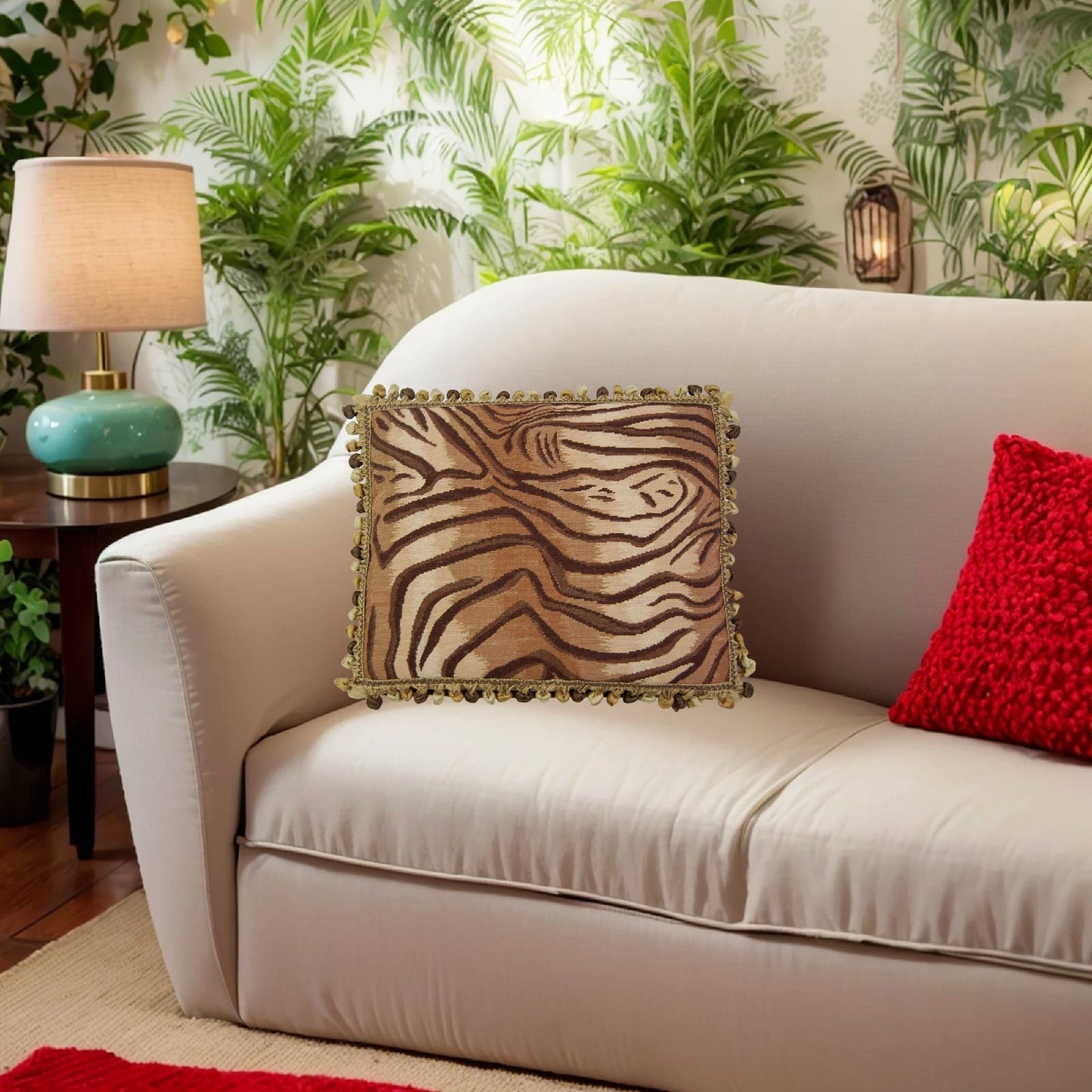 Handmade Wool Needlepoint Pillow Cover - Decorative Throw Cushion Cover - Vintage Floral Embroidery Design Tiger animal print with 3 color tassel