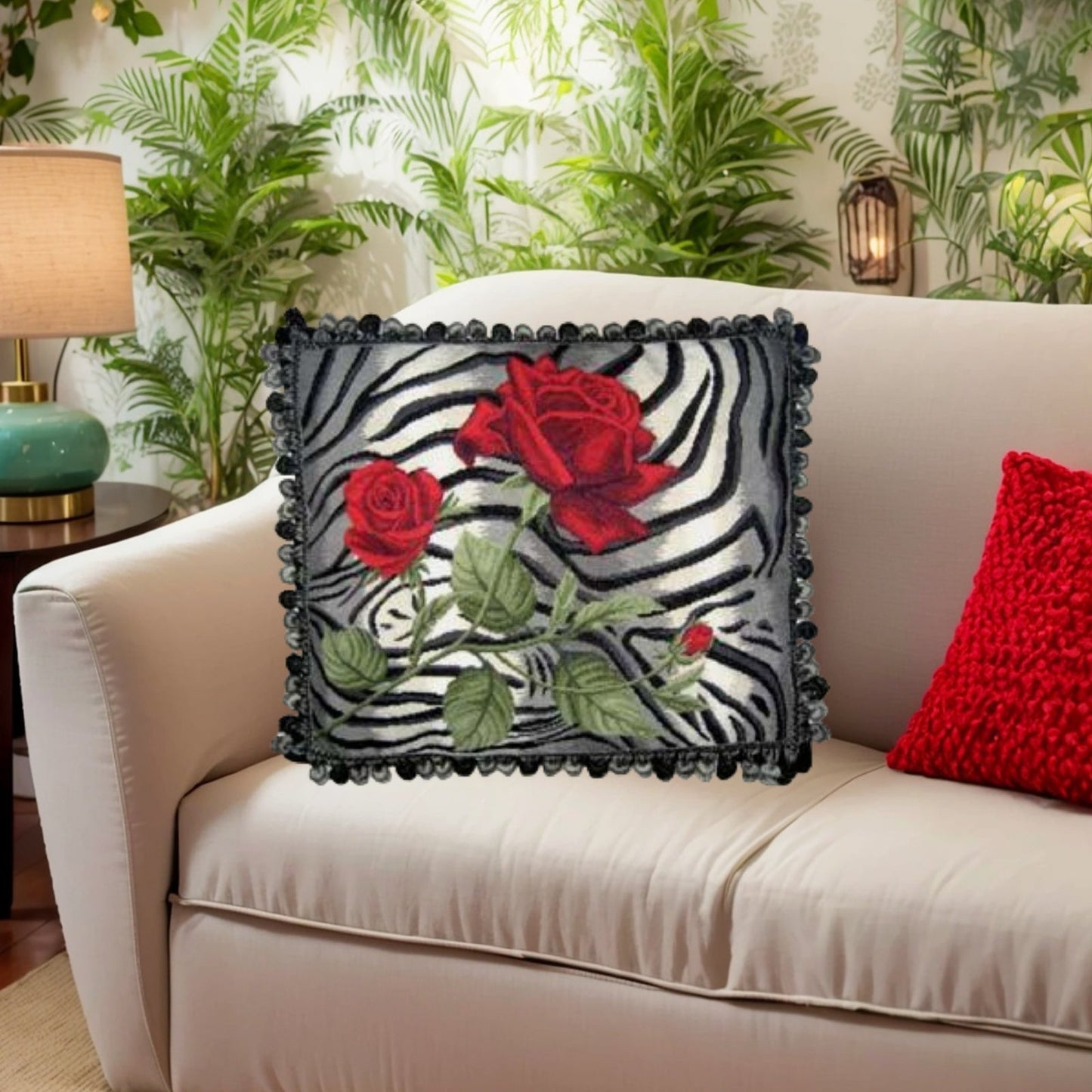 Handmade Wool Needlepoint Pillow Cover - Decorative Throw Cushion Cover - Vintage Floral Embroidery Design B/W tiger print red rose with 3 color tassel