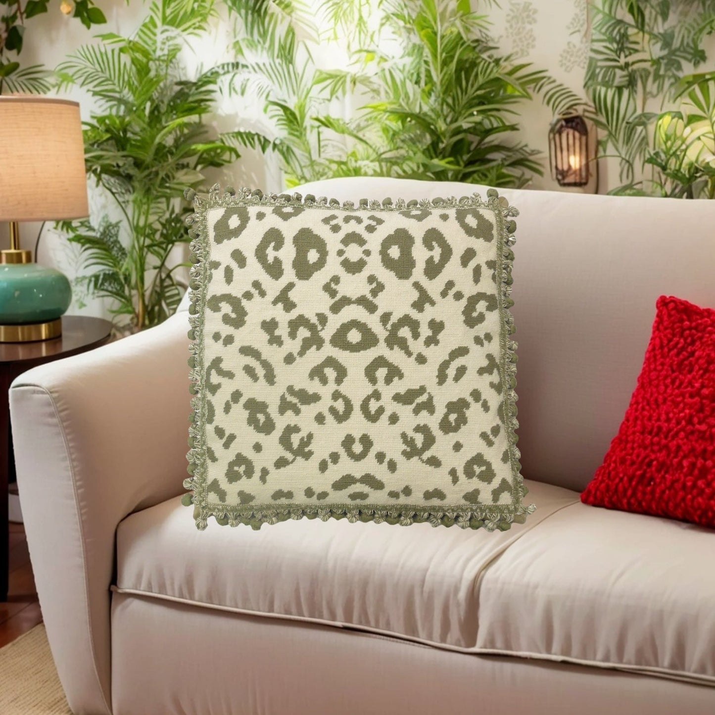 Handmade Wool Needlepoint Pillow Cover - Decorative Throw Cushion Cover - Vintage Floral Embroidery Design celery green animal print with tassels