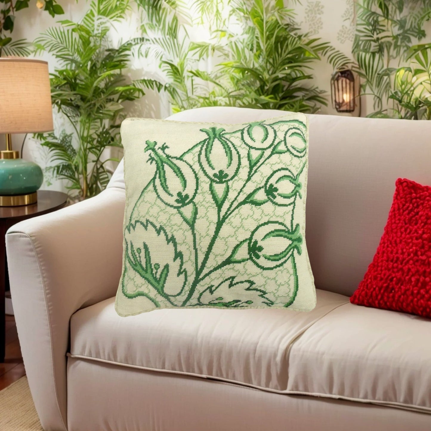 Handmade Wool Needlepoint Pillow Cover - Decorative Throw Cushion Cover - Vintage Floral Embroidery Design green big leaves/flowers checker cording