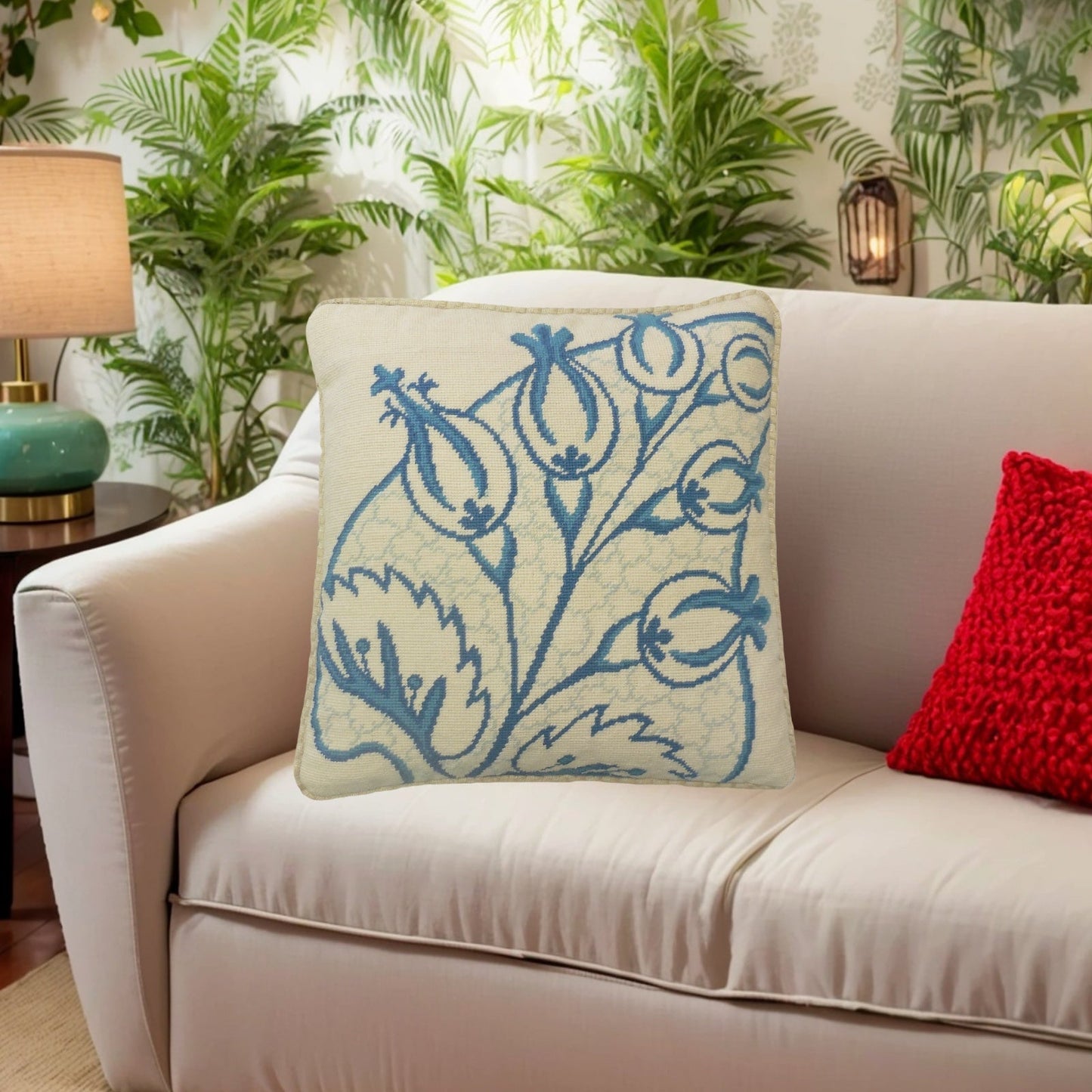 Handmade Wool Needlepoint Pillow Cover - Decorative Throw Cushion Cover - Vintage Floral Embroidery Design blue big leaves/flowers checker cording