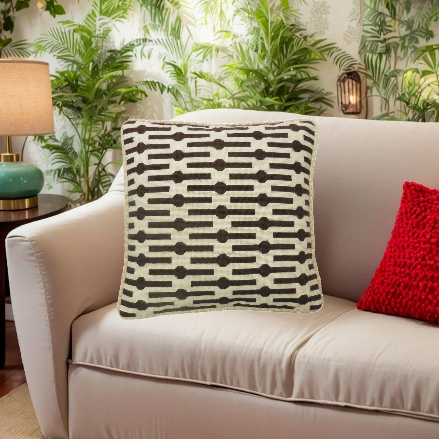 Handmade Wool Needlepoint Pillow Cover - Decorative Throw Cushion Cover - Vintage Floral Embroidery Design brown lines checkers cording