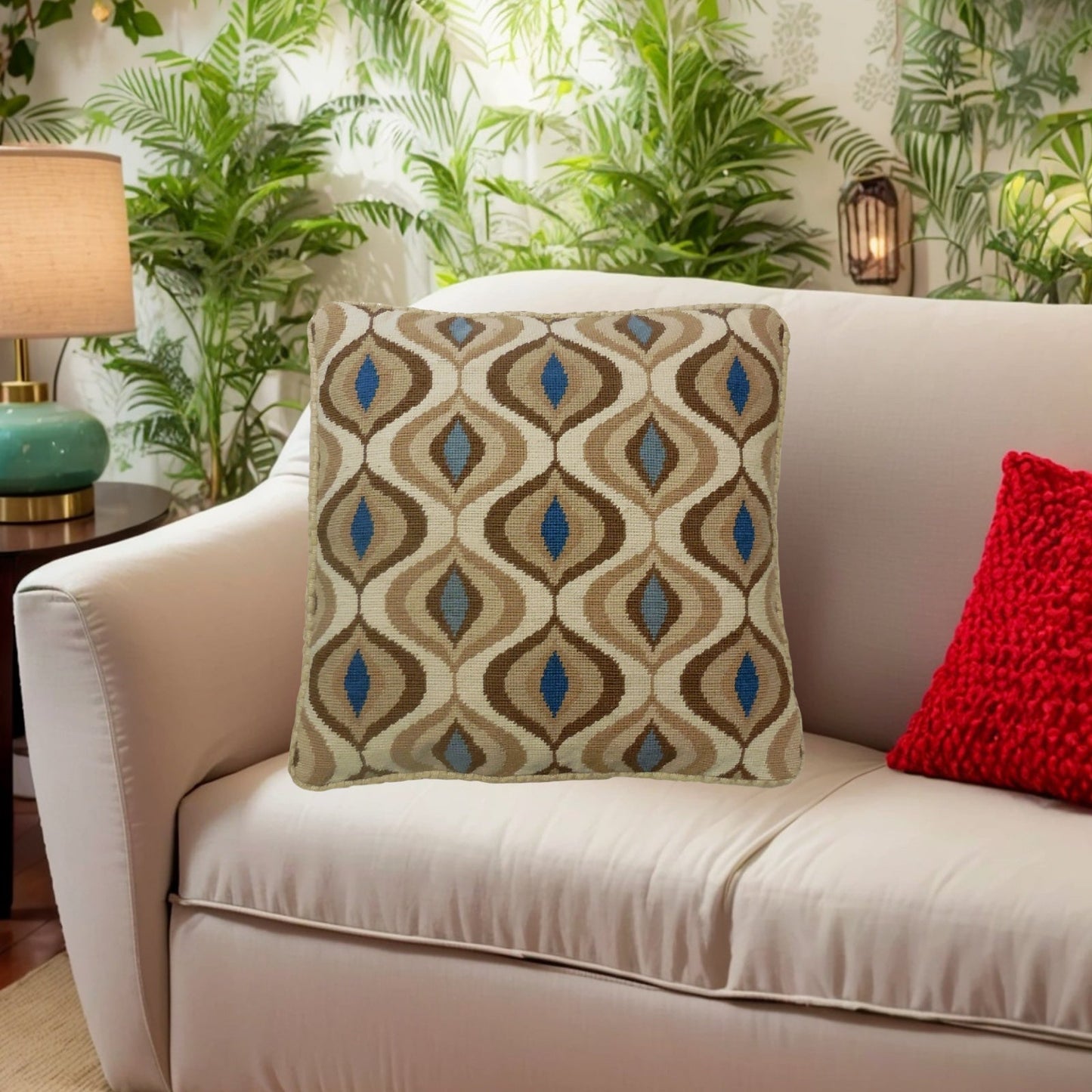 Handmade Wool Needlepoint Pillow Cover - Decorative Throw Cushion Cover - Vintage Floral Embroidery Design brown water drop pattern with checker cording