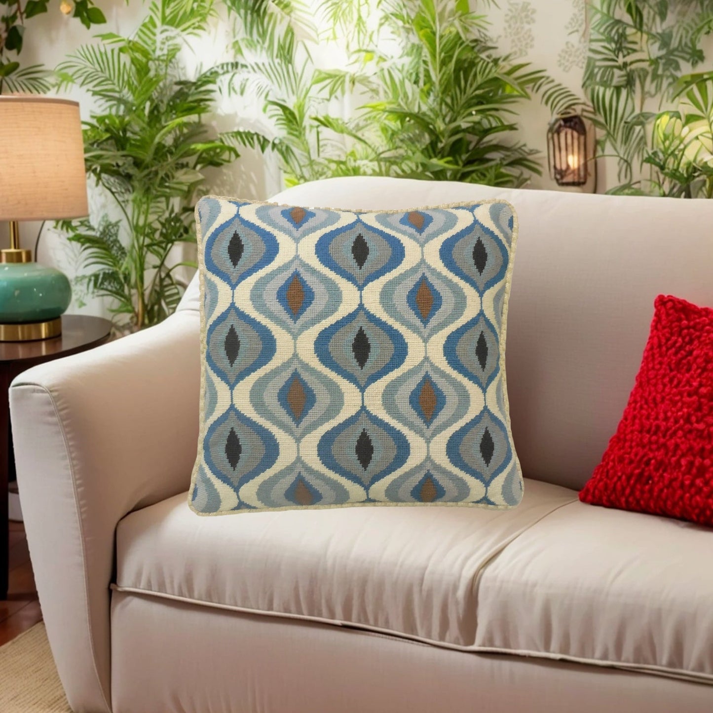 Handmade Wool Needlepoint Pillow Cover - Decorative Throw Cushion Cover - Vintage Floral Embroidery Design blue water drop pattern checker cording