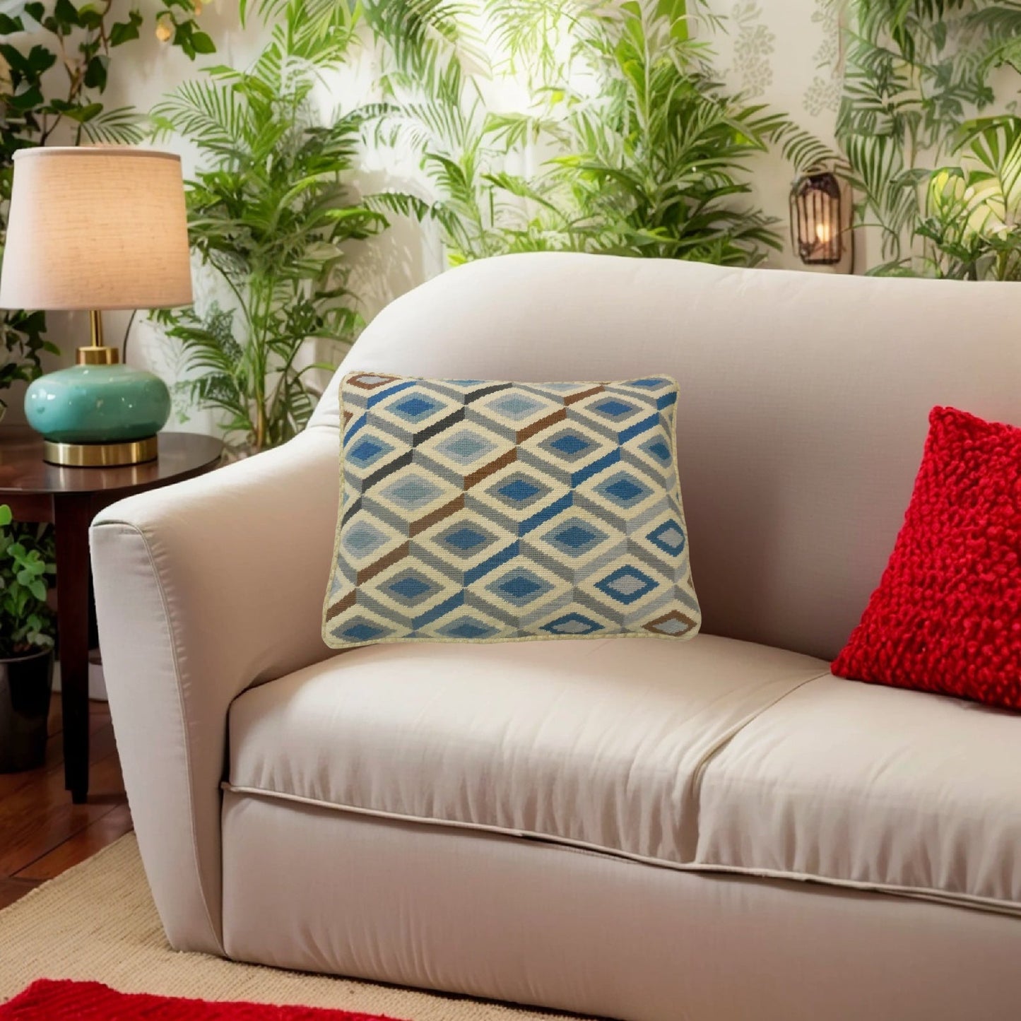 Handmade Wool Needlepoint Pillow Cover - Decorative Throw Cushion Cover - Vintage Floral Embroidery Design blue-gray-brown 3D square checker cording