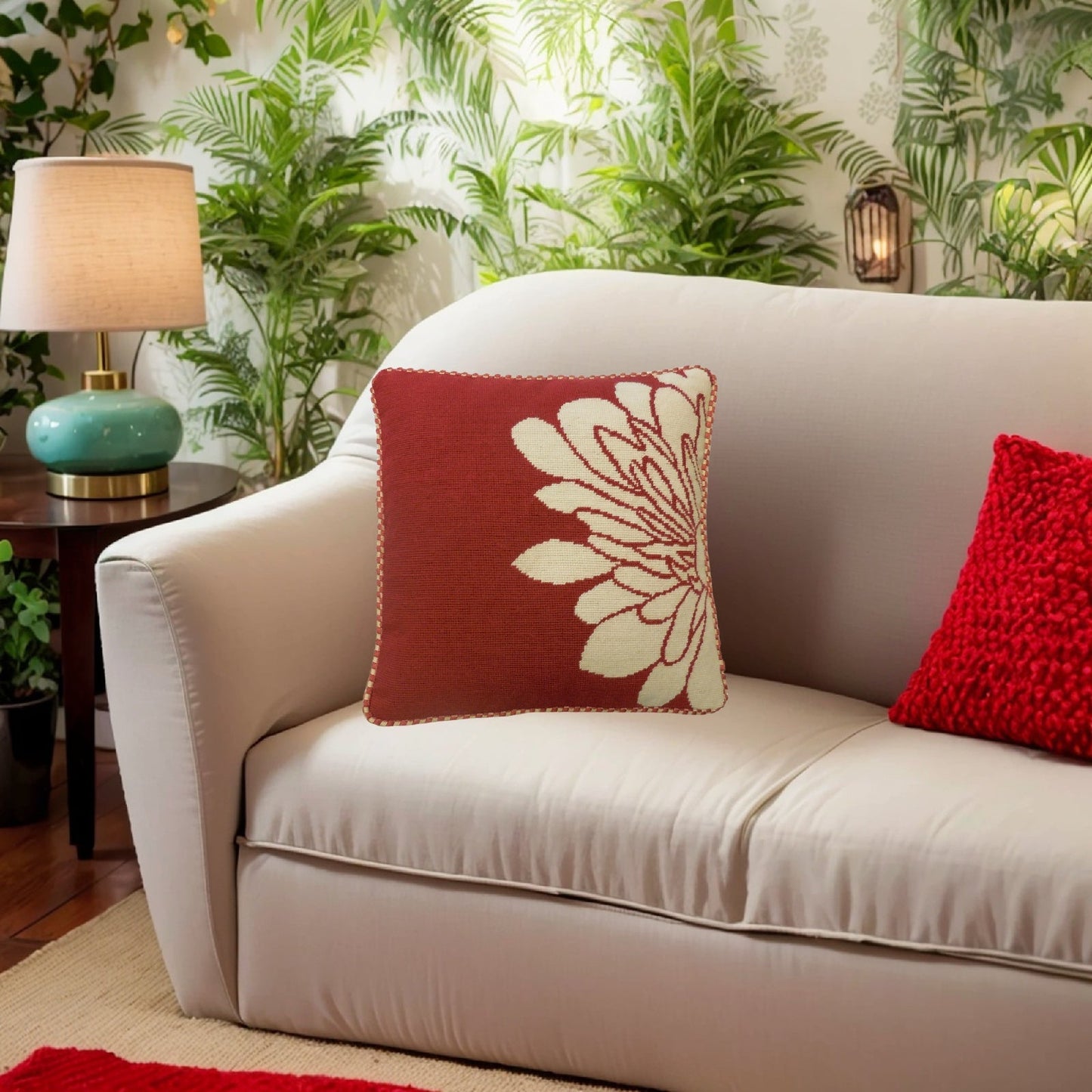 Handmade Wool Needlepoint Pillow Cover - Decorative Throw Cushion Cover - Vintage Floral Embroidery Design half flower red back checker cording