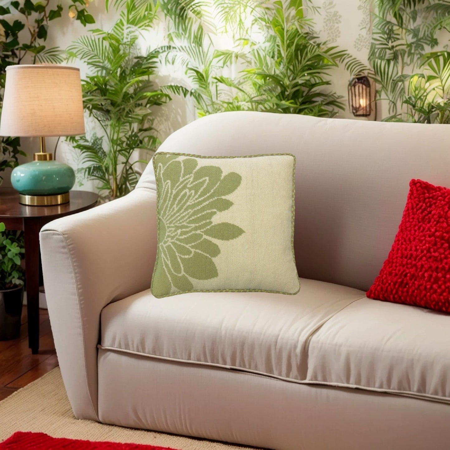 Handmade Wool Needlepoint Pillow Cover - Decorative Throw Cushion Cover - Vintage Floral Embroidery Design green half flower off-white back checker cording