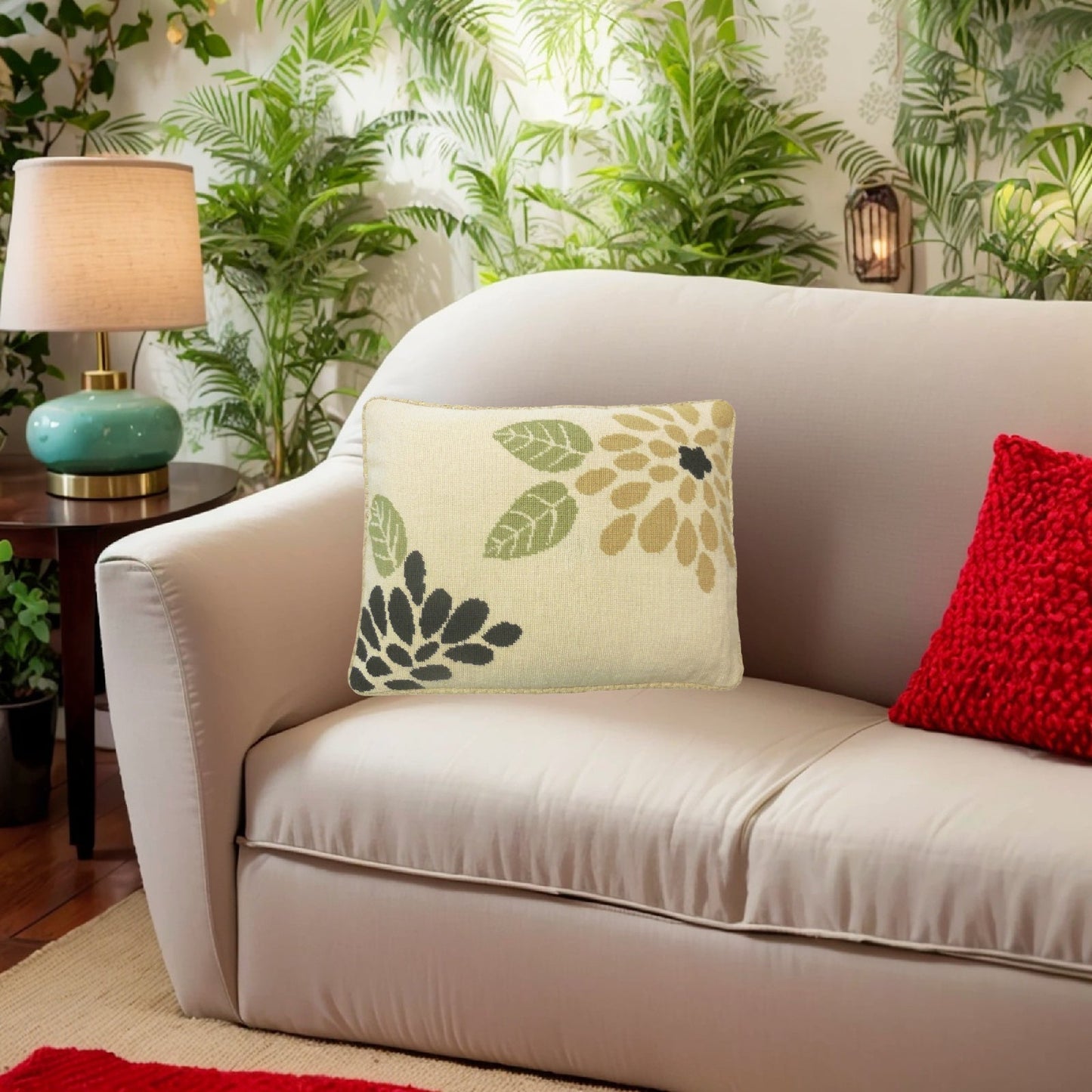 Handmade Wool Needlepoint Pillow Cover - Decorative Throw Cushion Cover - Vintage Floral Embroidery Design abstract flower checker cording