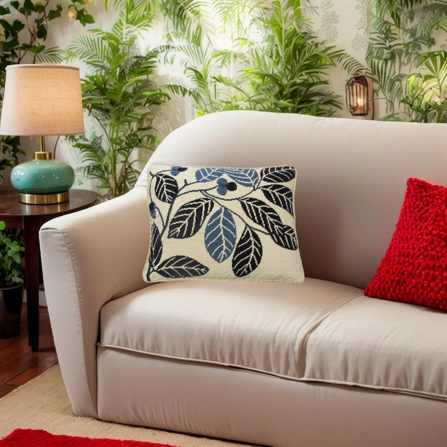 Handmade Wool Needlepoint Pillow Cover - Decorative Throw Cushion Cover - Vintage Floral Embroidery Design blue cherry checker cording