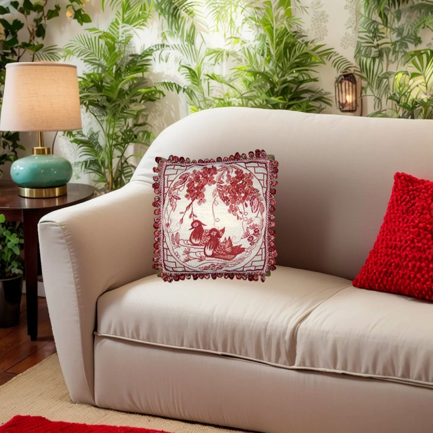 Handmade Wool Needlepoint Pillow Cover - Decorative Throw Cushion Cover - Vintage Floral Embroidery Design red Manderain Ducks plum flowers with tassels